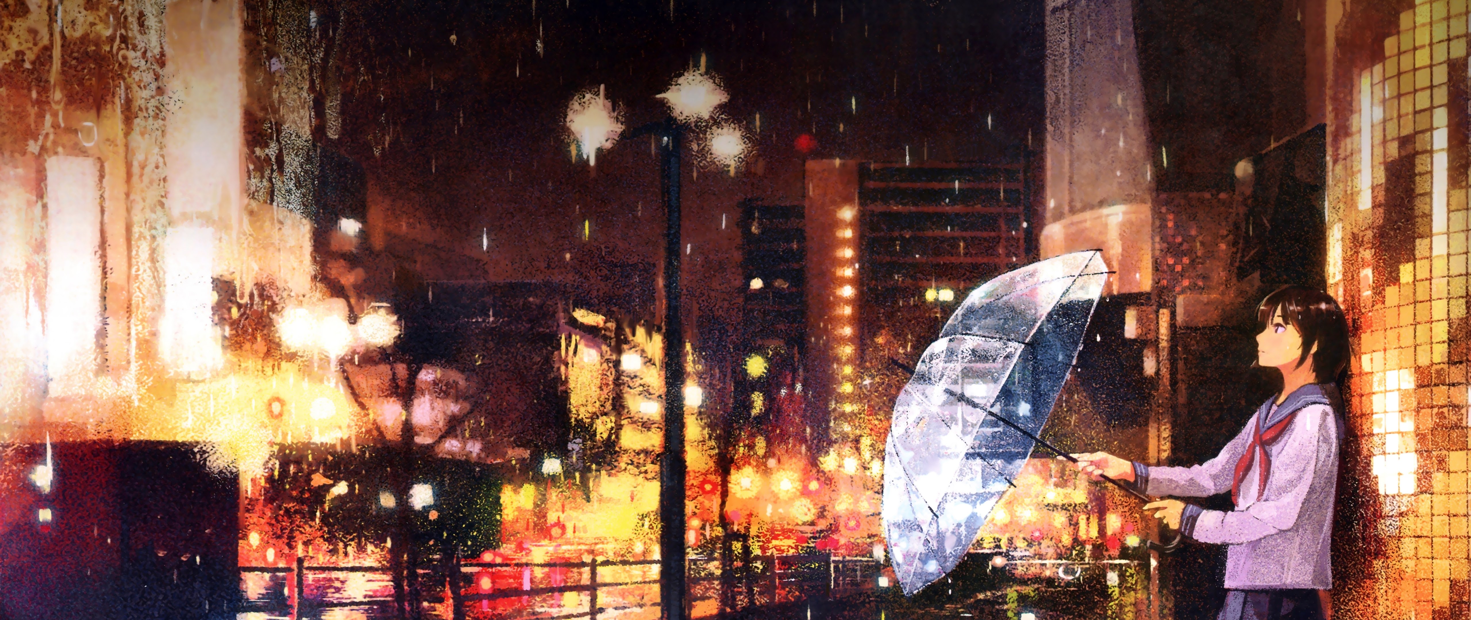 Anime School Girl Waiting in the Rain 8K Wallpaper