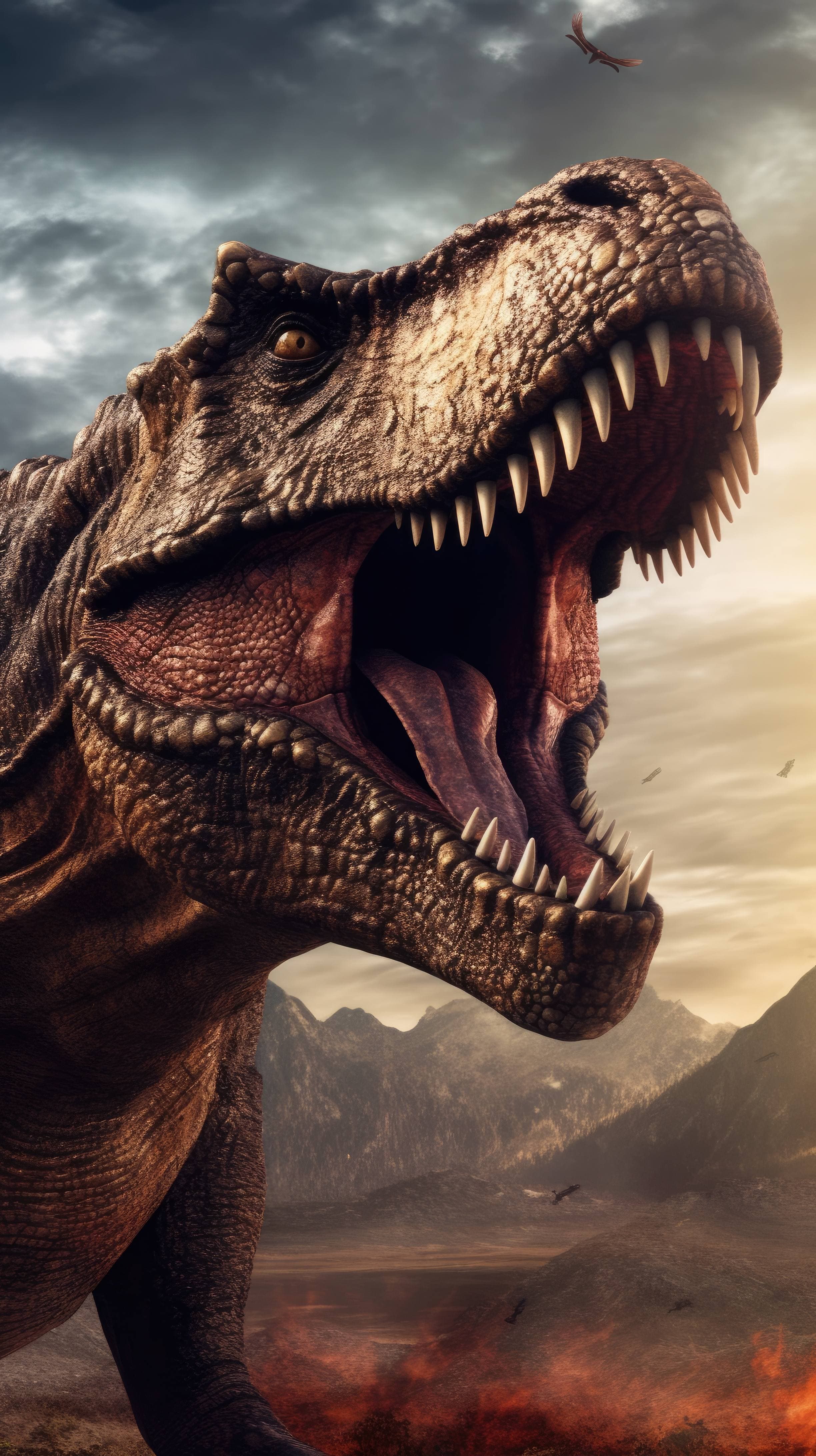 A 4K ultra HD mobile wallpaper showcasing a majestic Tyrannosaurus rex, the King of the Dinosaurs, roaring with its sharp teeth and powerful presence in a prehistoric landscape