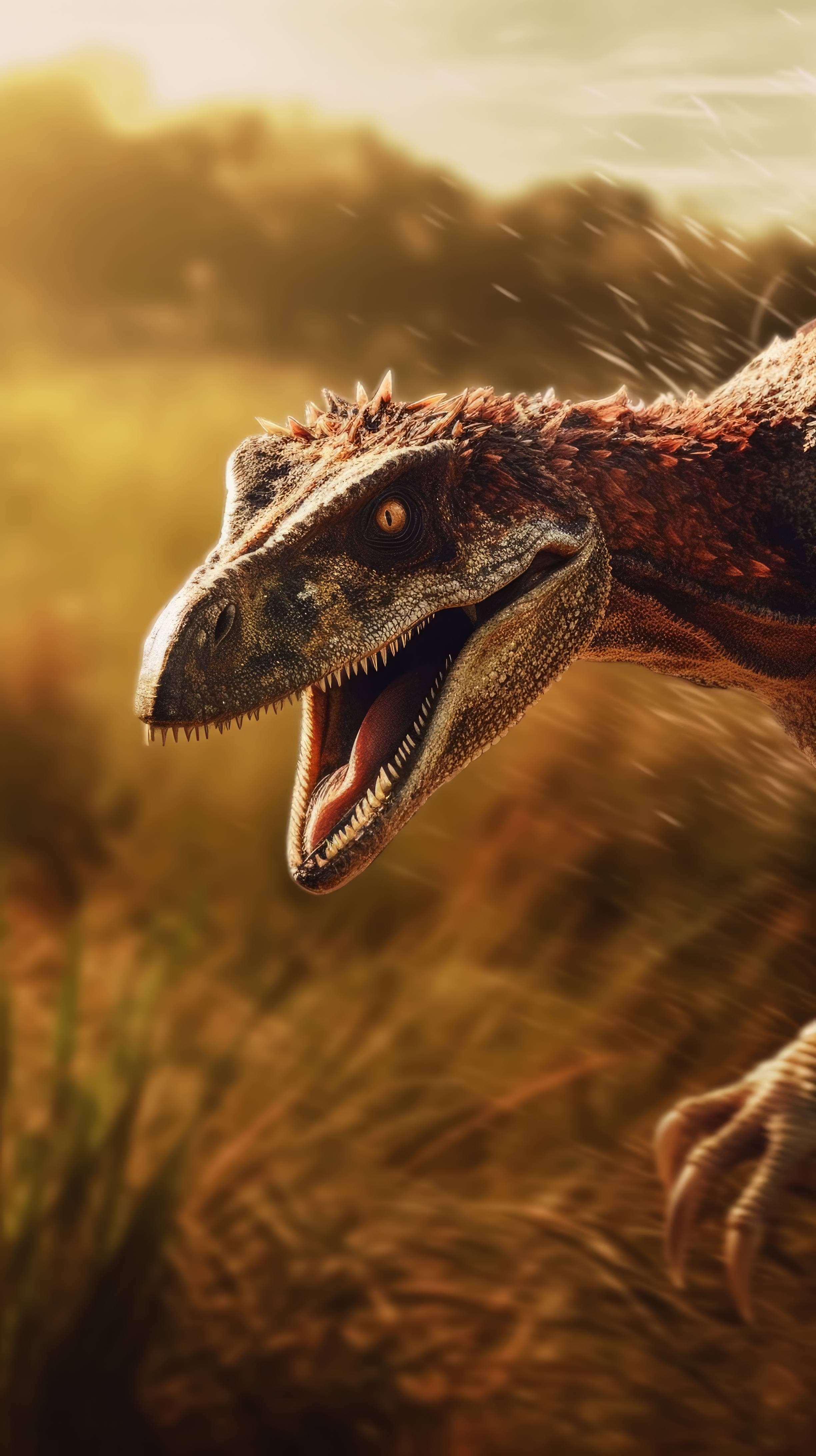 A 4K ultra HD mobile wallpaper showcasing a Velociraptor, the agile dinosaur with its feathery plumage, sprinting across an open grassland in pursuit of its prey