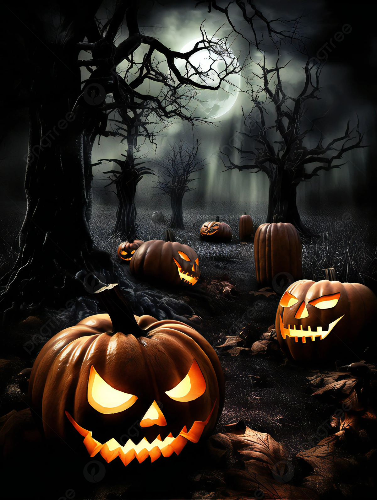 Night Forest Pumpkin Head Halloween Holiday Advertising Background Wallpaper Image For Free Download
