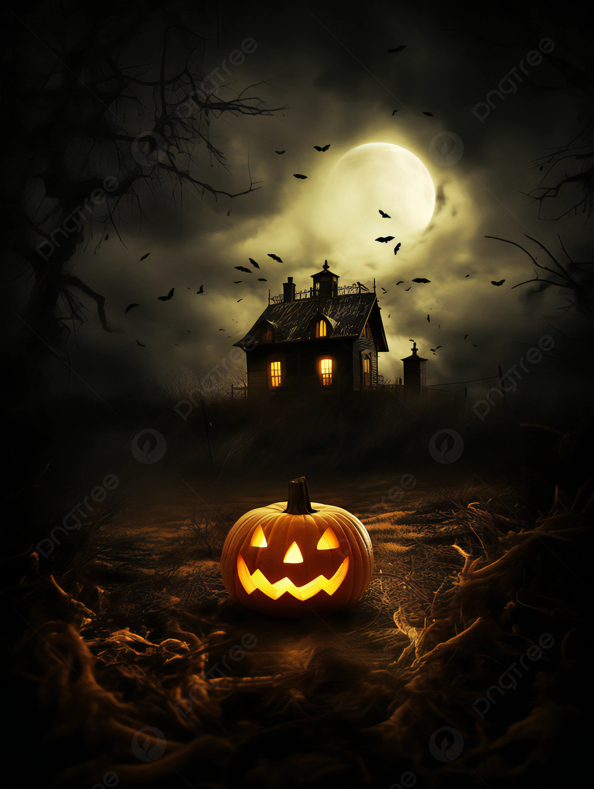 Castle Moon Bat Pumpkin Head Halloween Holiday Advertising Background Wallpaper Image For Free Download
