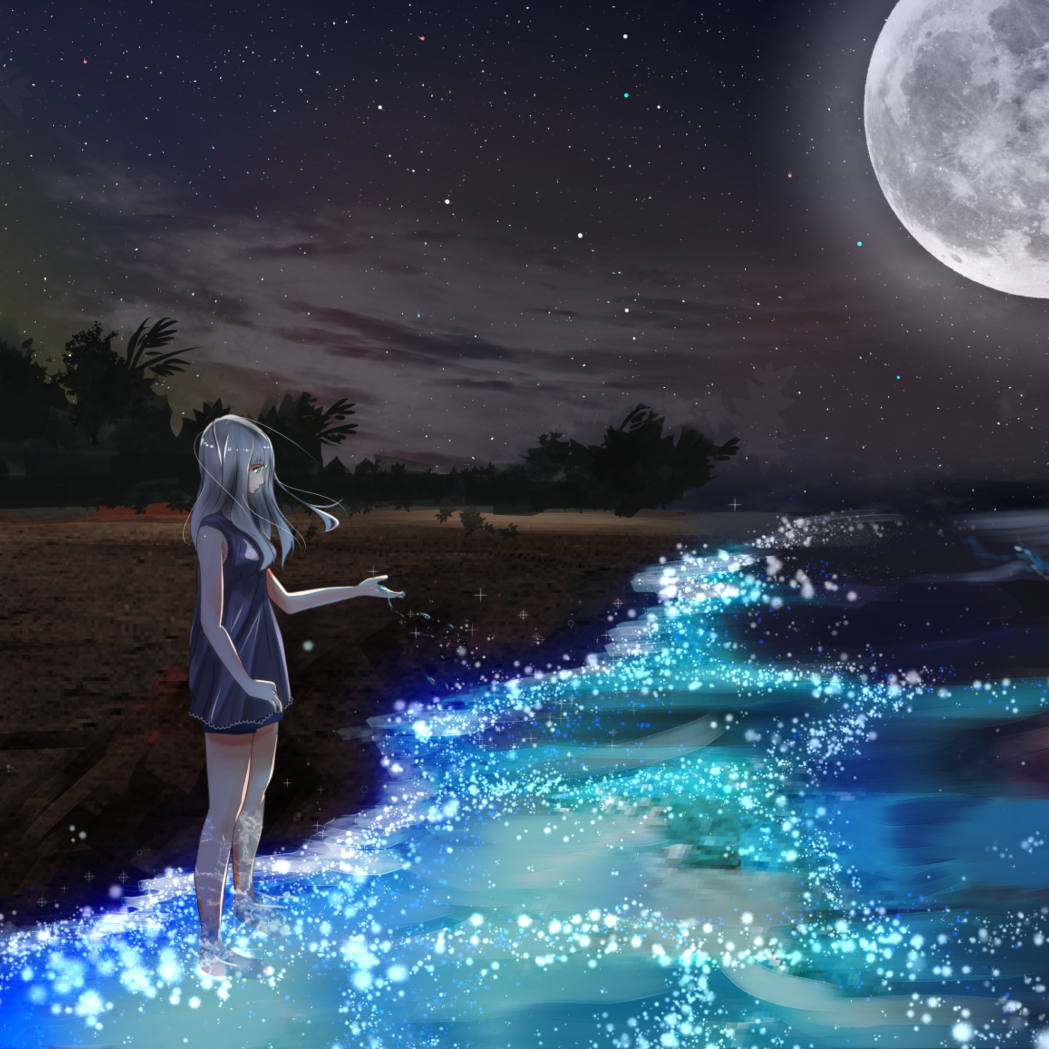 Anime Girl At Seashore Dark Moon iPad Air HD 4k Wallpaper, Image, Background, Photo and Picture