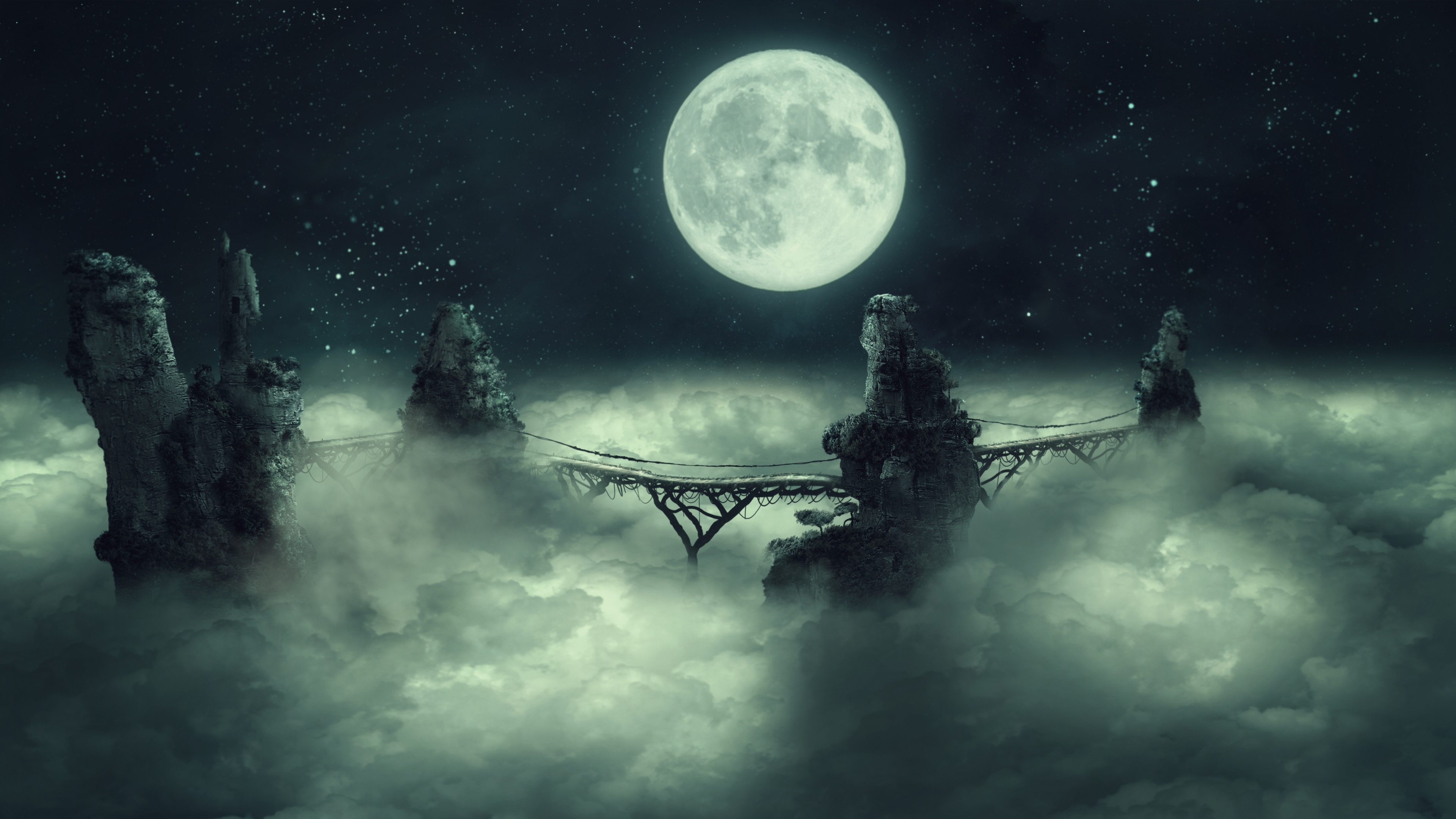 Full moon Wallpaper 4K, Dark Sky, Clouds, Bridge