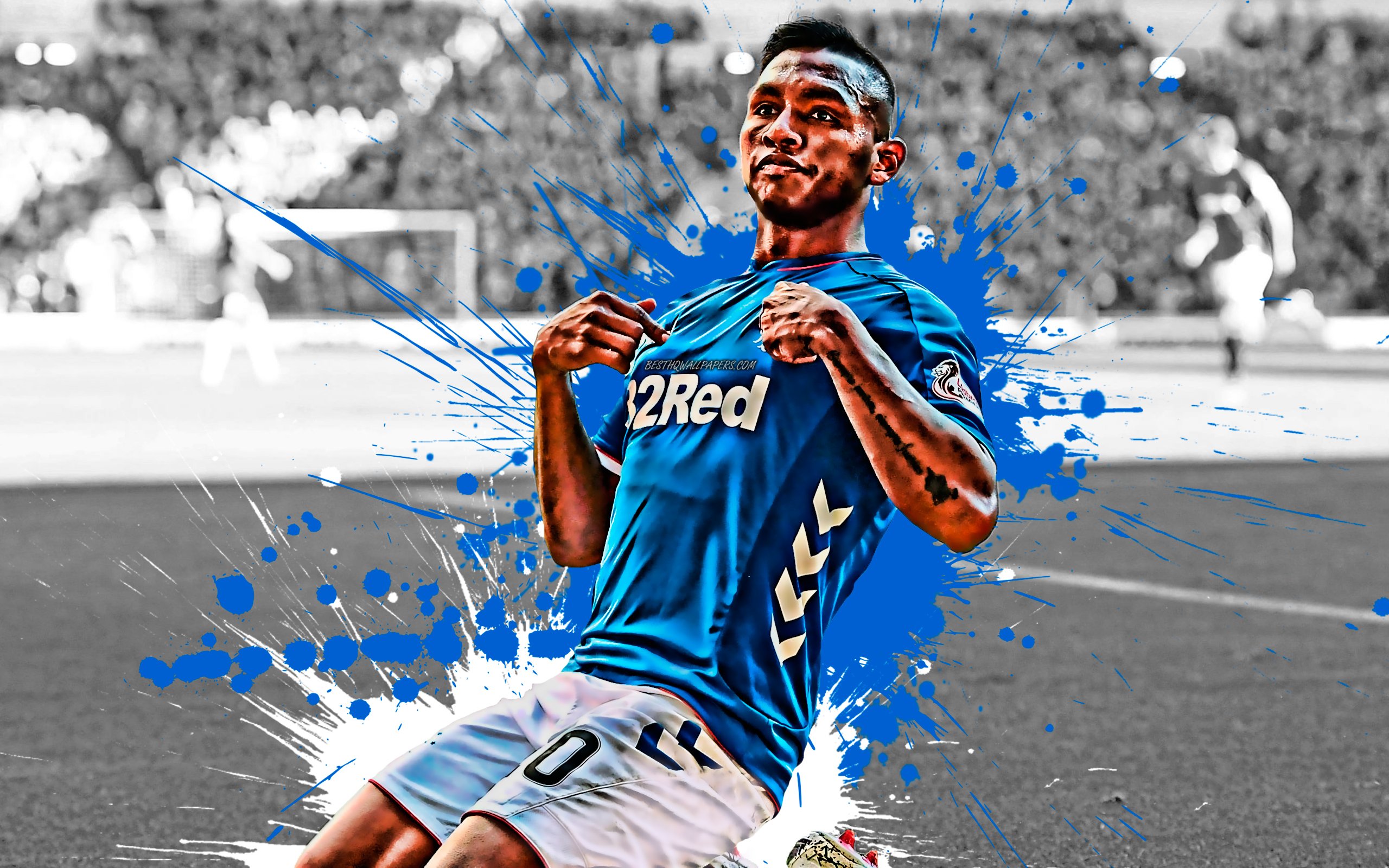 Download wallpaper Alfredo Morelos, 4k, Colombian football player, Rangers FC, striker, blue white paint splashes, creative art, Scotland, football, grunge for desktop with resolution 2560x1600. High Quality HD picture wallpaper