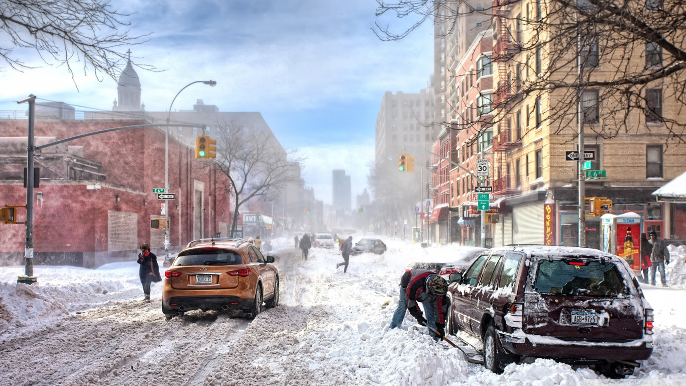Download City in the snow, NY, Winter, Snow, Houses, Automobile, People Wallpaper in 1366x768 Resolution