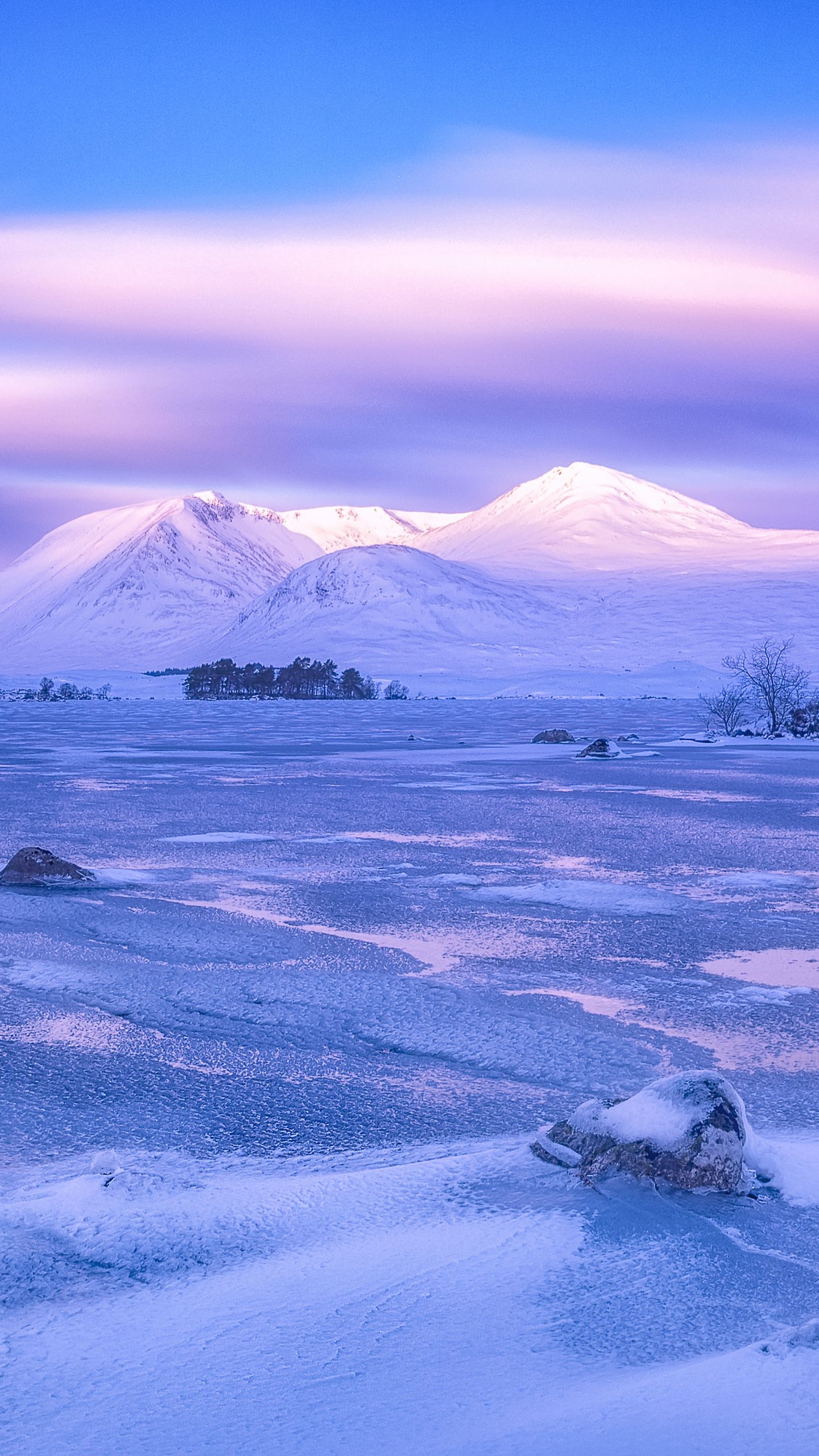 Download wallpaper 1440x2560 mountains, winter, sky, pink, snow, blue, loch lomond, rannoch moor, scotland qhd samsung galaxy s6, s7, edge, note, lg g4 HD background