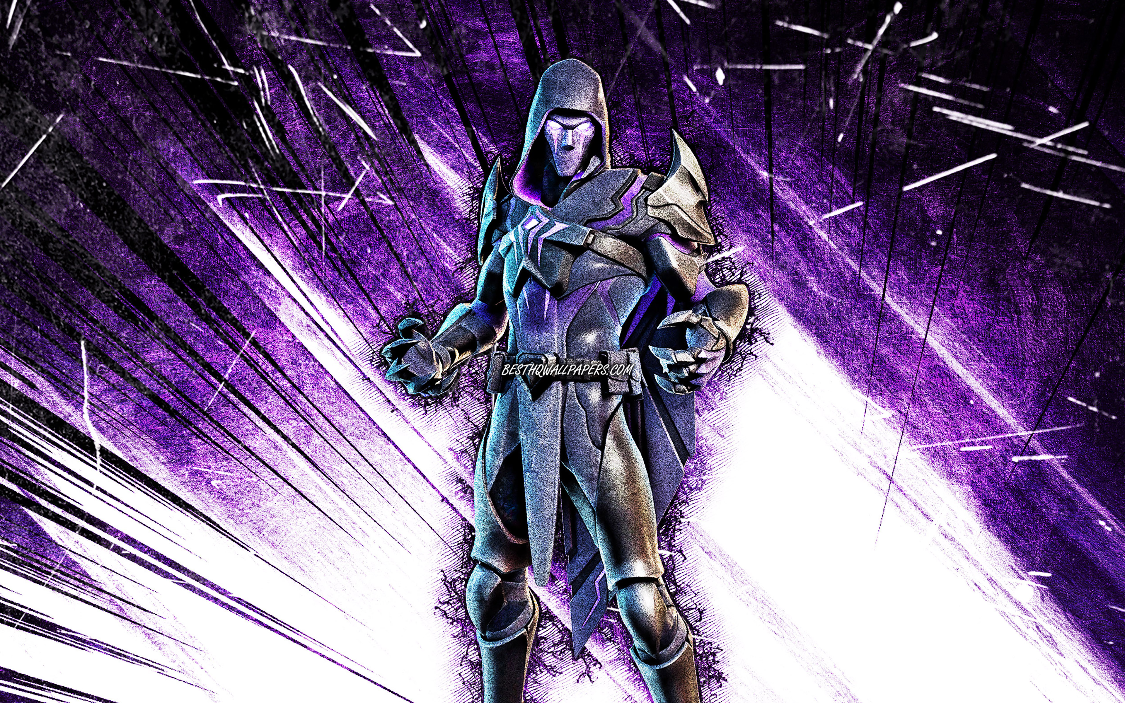 Download wallpaper 4k, Dread Omen, grunge art, Fortnite Battle Royale, Fortnite characters, Dread Omen Skin, violet abstract rays, Fortnite, Dread Omen Fortnite for desktop with resolution 3840x2400. High Quality HD picture wallpaper