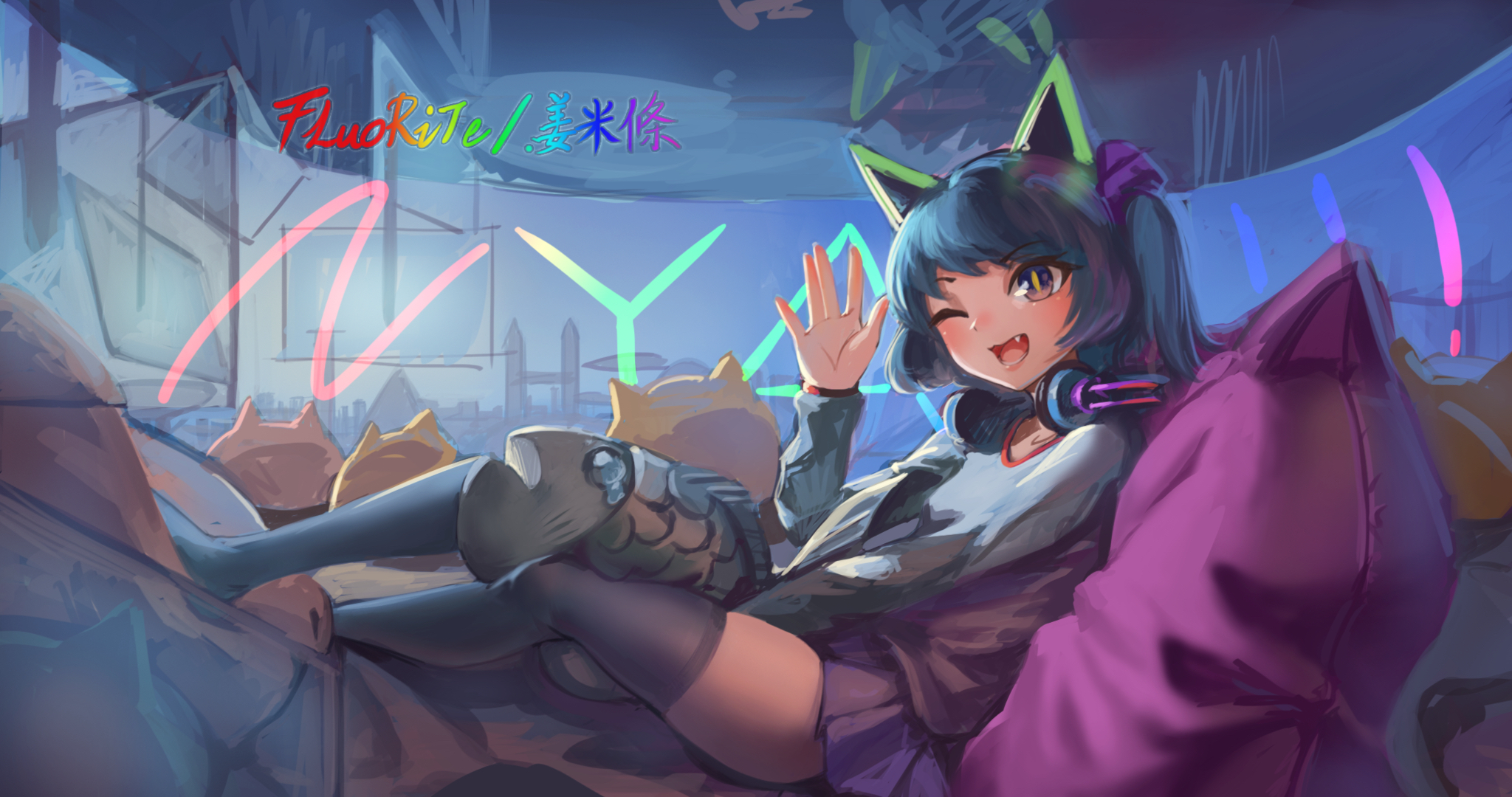 cat girl, one eye closed, waving, anime girls, Music game, cat ears, wink, headphones, stockingsx1080 Wallpaper