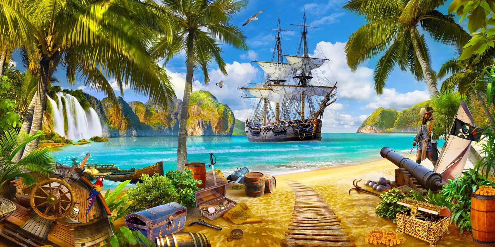 Kids Photo Wallpaper Pirate Island Treasure Wall Mural Vinyl 366x254cm.144&;x100&;