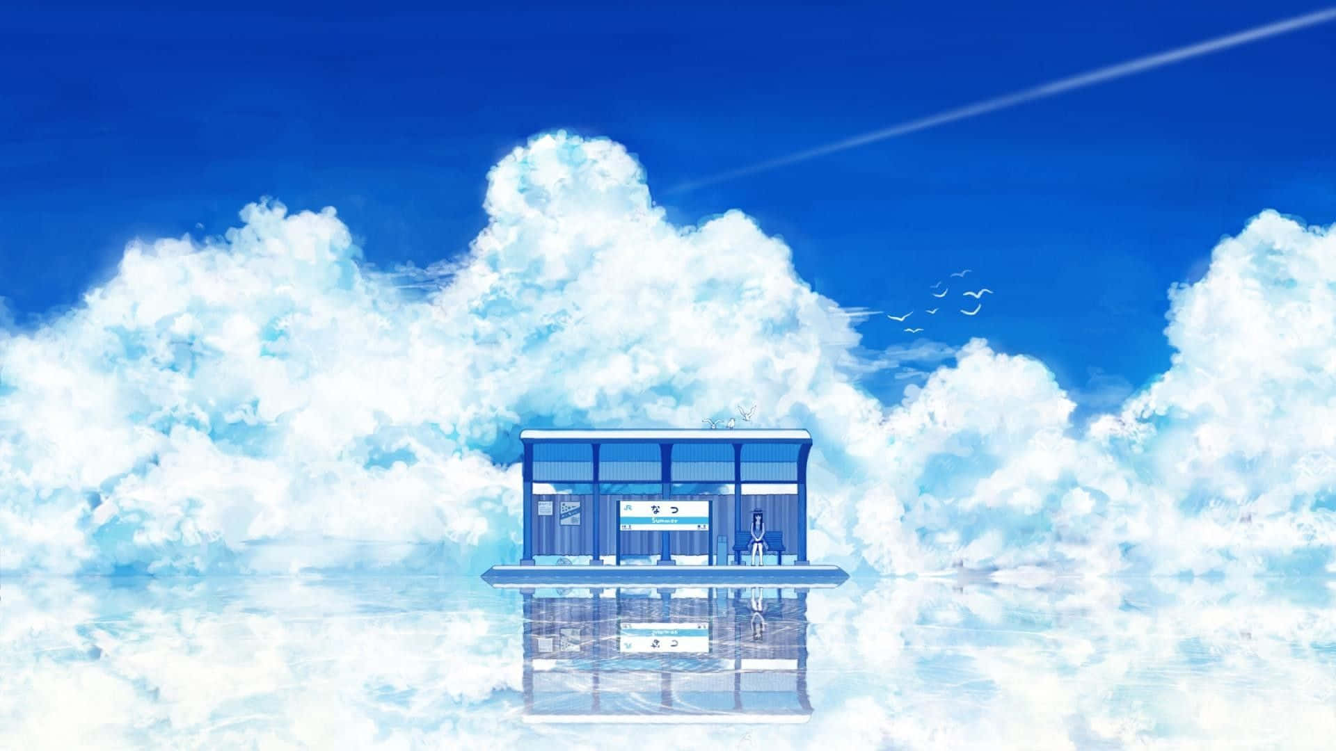 Download Blue Anime Scenic Sky With Clouds Wallpaper