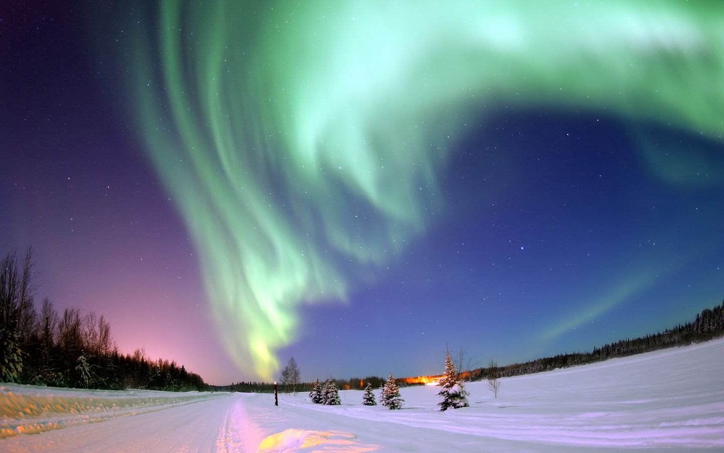 Download wallpaper 1440x900 northern lights, aurora, winter, snow, starry sky widescreen 16:10 HD background