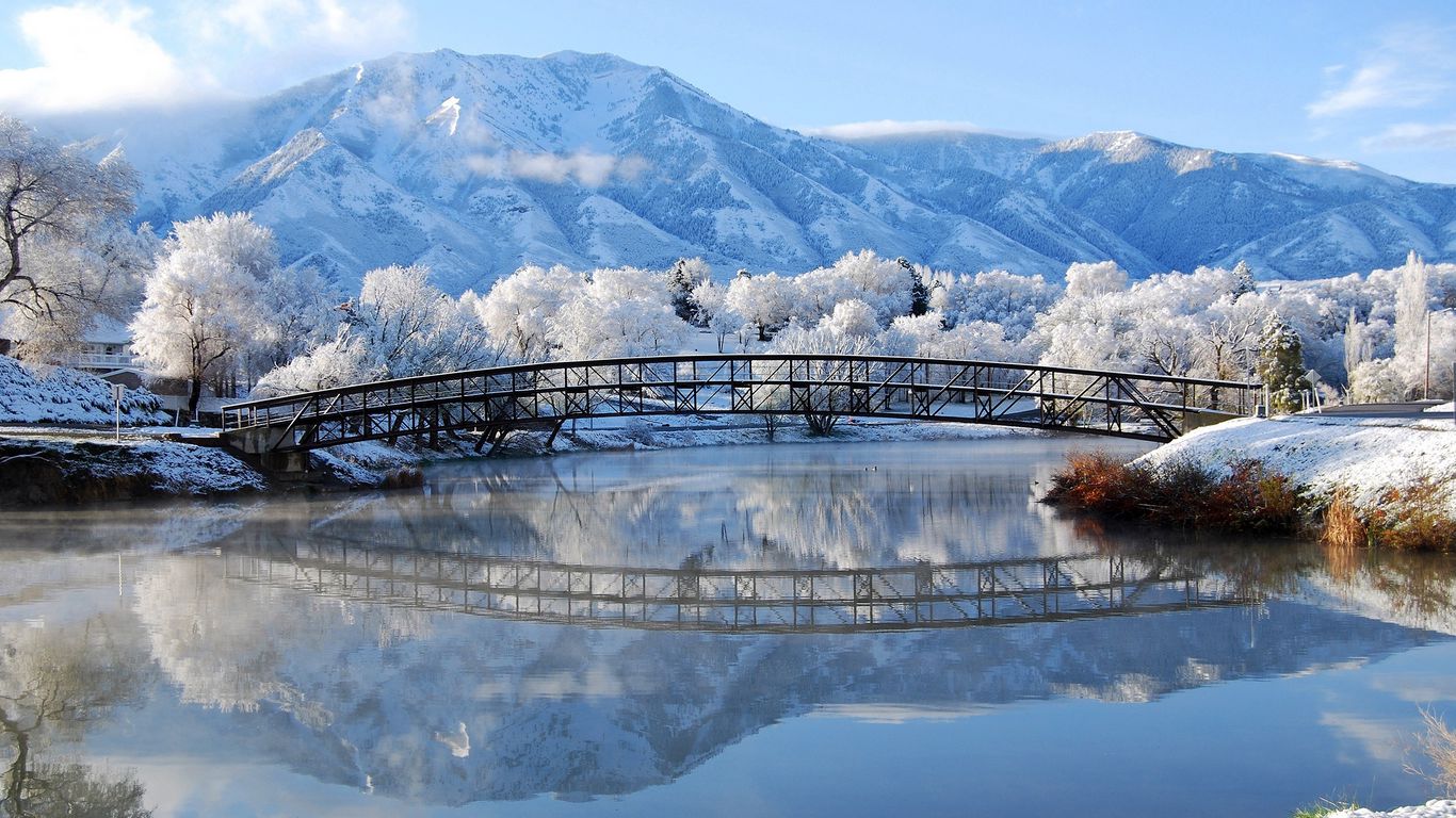 Download wallpaper 1366x768 winter, bridge, landscape tablet, laptop HD background