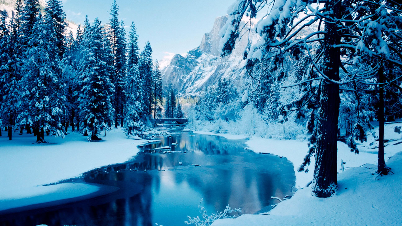Download Winter river, Winter, River, Winter, River, Snow, Mountains, Mountains Wallpaper in 1366x768 Resolution