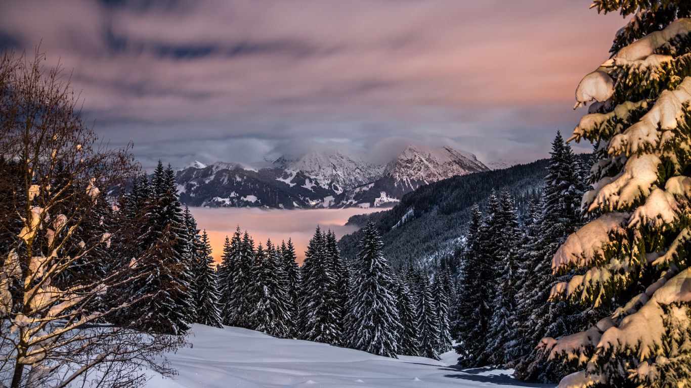 Download wallpaper 1366x768 winter, mountains, snow, trees, bavaria, germany tablet, laptop HD background
