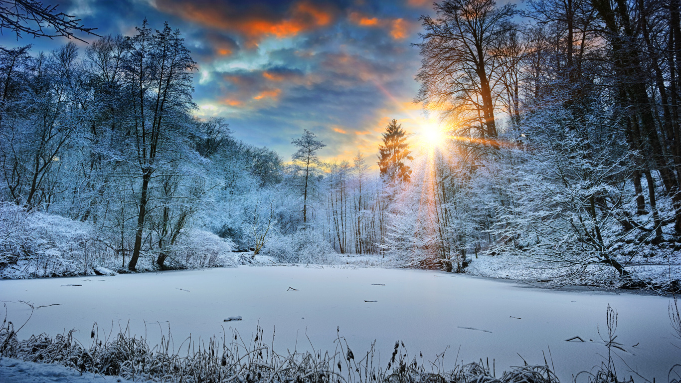 Sunbeams Landscape Snow In Winter Trees 4k 1366x768 Resolution HD 4k Wallpaper, Image, Background, Photo and Picture
