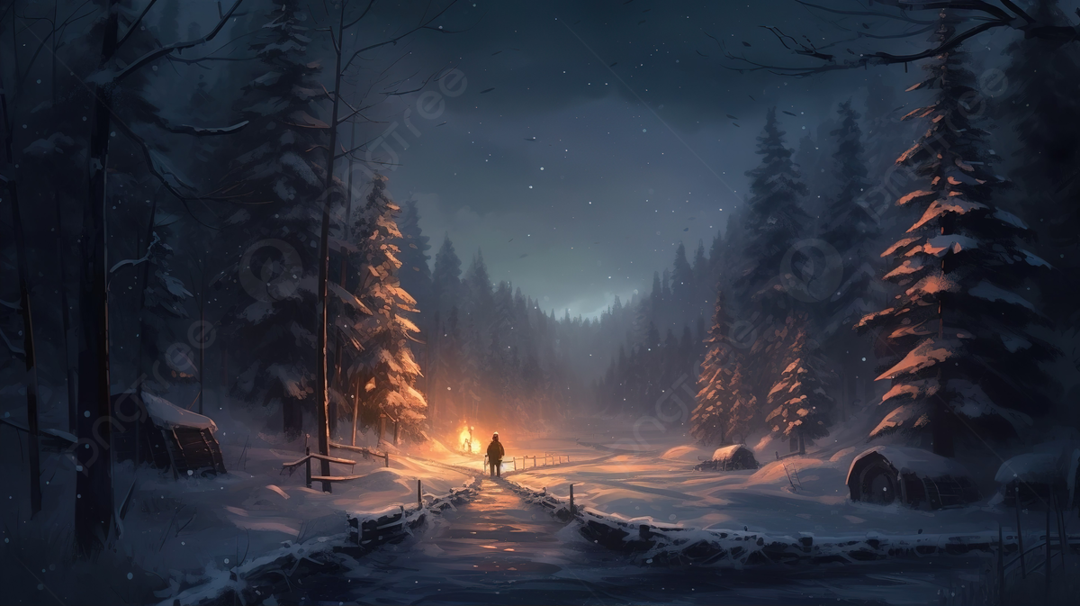 Fantasy Landscape Painting HD Wallpaper Of A Person In The Snow Looking At A Glowing Fire Background, Christmas Painting Picture Background Image And Wallpaper for Free Download