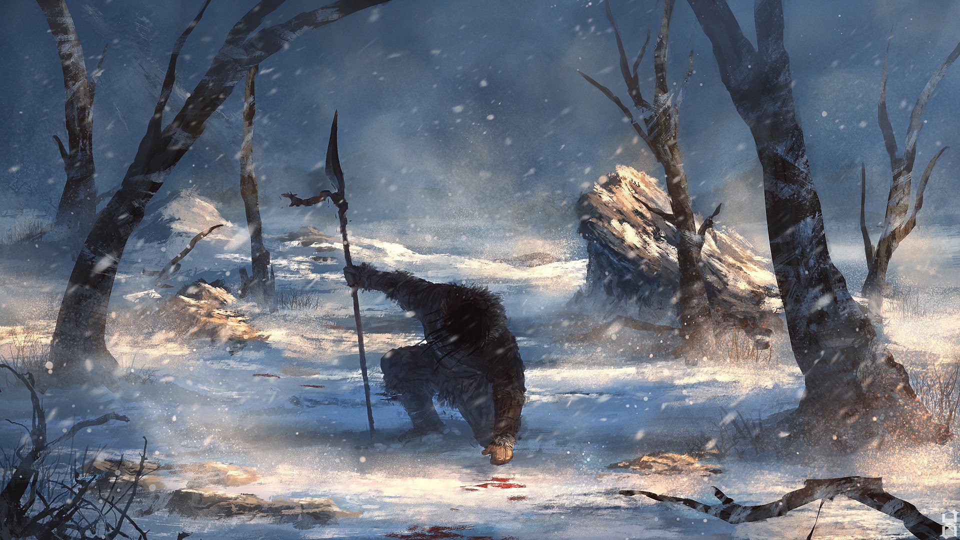 fantasy art, winter, spear, warrior (1920x1080px) on Wallls.com
