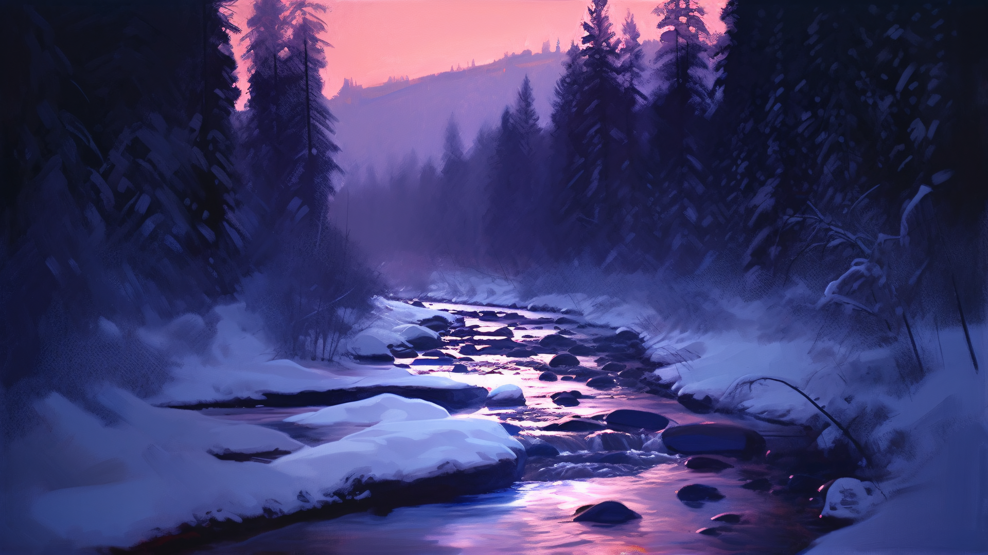 Forest stream in winter [1920 x 1080]