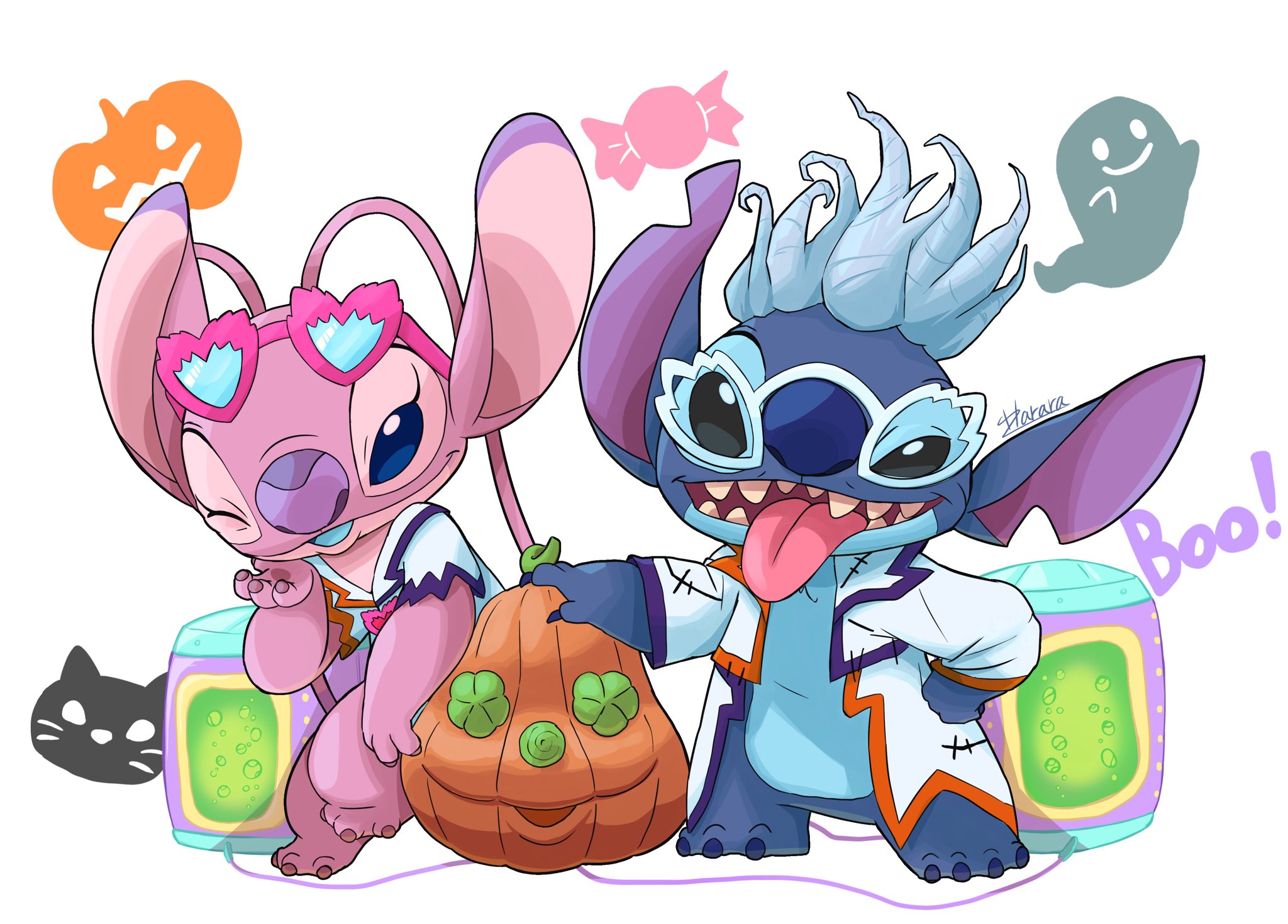 Safe, Artist:harara, Angel (lilo & Stitch), Stitch (lilo & Stitch), Alien, Cat, Experiment (lilo & Stitch), Feline, Fictional Species, Ghost, Mammal, Undead, Semi Anthro, Disney, Lilo & Stitch, 2020, 4 Fingers