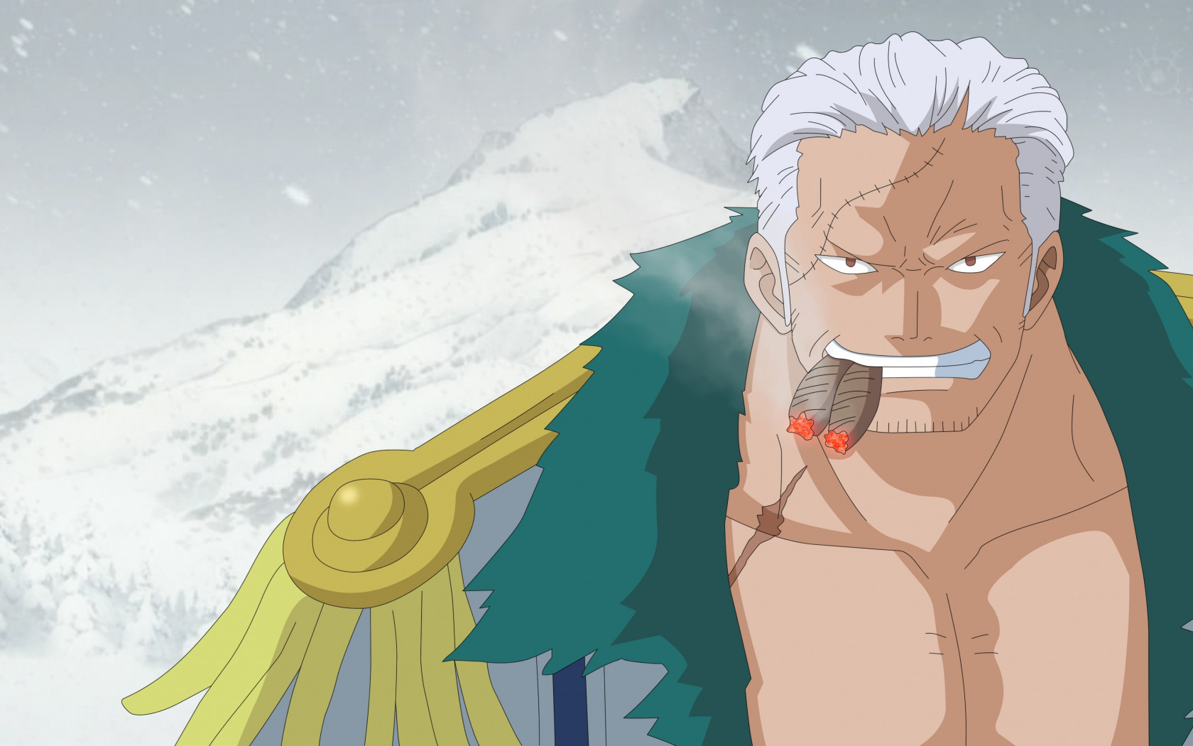 Download wallpaper ice, game, One Piece, sky, Marine, smile, anime, short hair, snow, man, face, asian, yuki, cigar, manga, japanese, section shonen in resolution 1680x1050