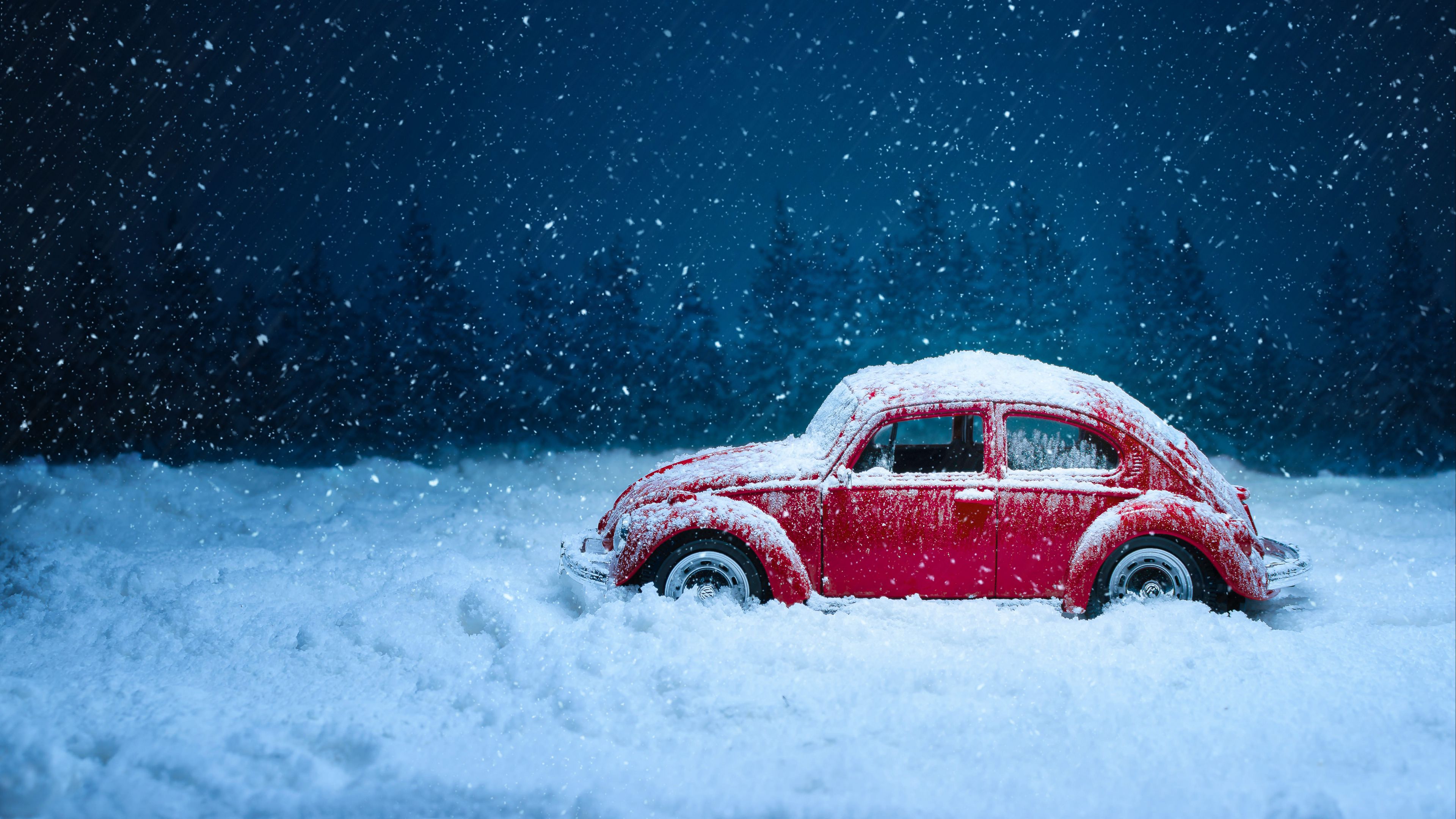 Download wallpaper 3840x2160 car, retro, winter, snow, snowfall, vintage, red, old 4k uhd 16:9 HD background