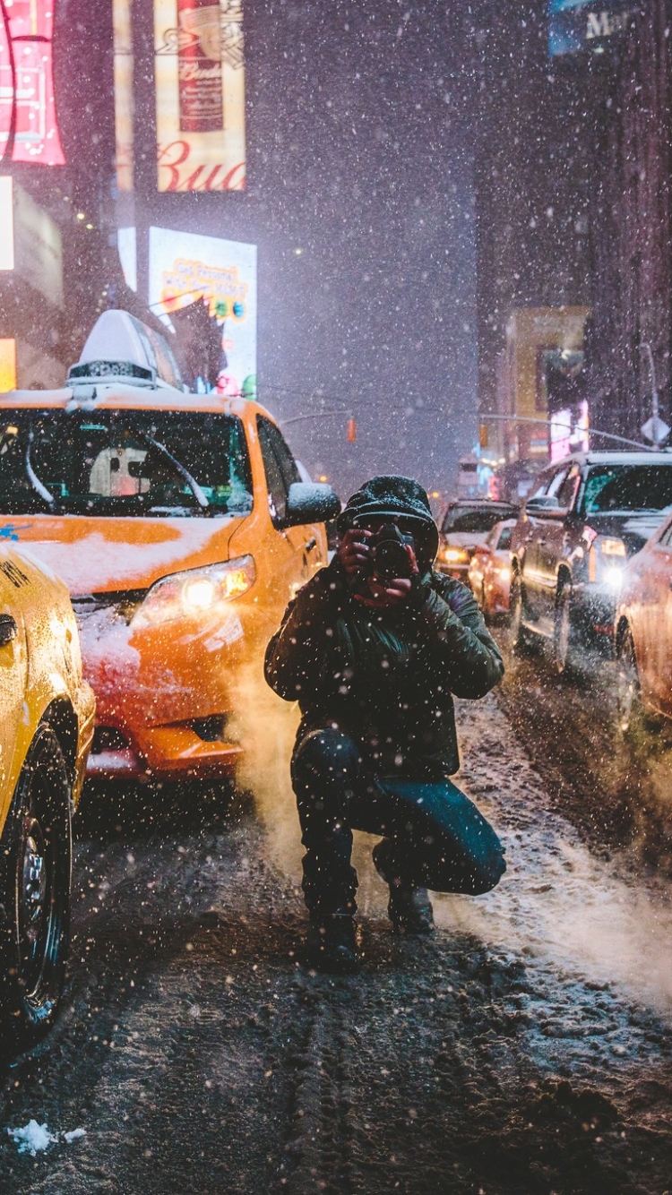 wallpaper: Winter, Night, Taxi, Usa