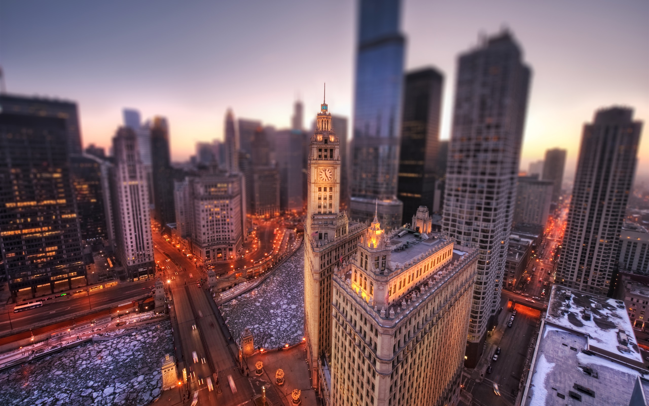 Wallpaper Chicago, Illinois, USA, morning, winter, city, skyscrapers, snow, lights 3840x2160 UHD 4K Picture, Image