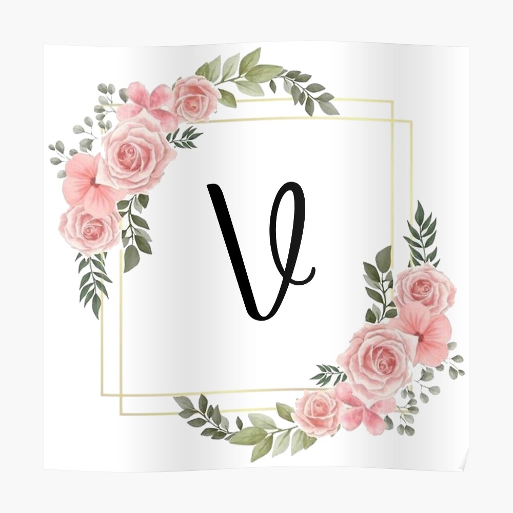 Monogram Letter V. Pink Floral Design with Gold Edges Sticker