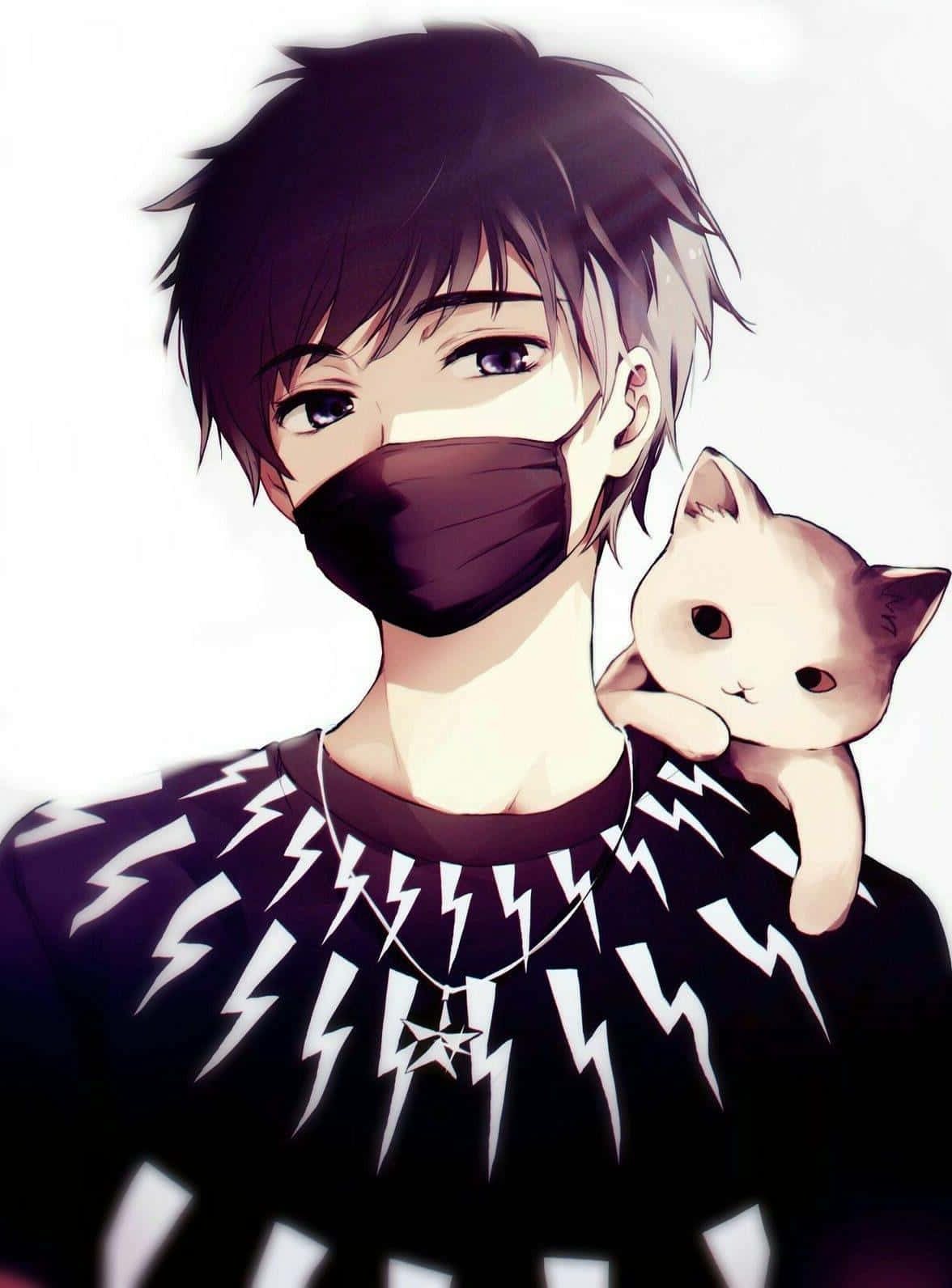 Download A Boy Wearing A Mask Holding A Cat Wallpaper