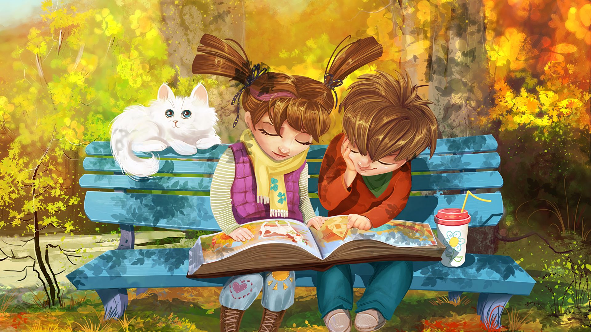Download wallpaper 1920x1080 boy, girl, cat, bench, park, cute full hd, hdtv, fhd, 1080p HD background