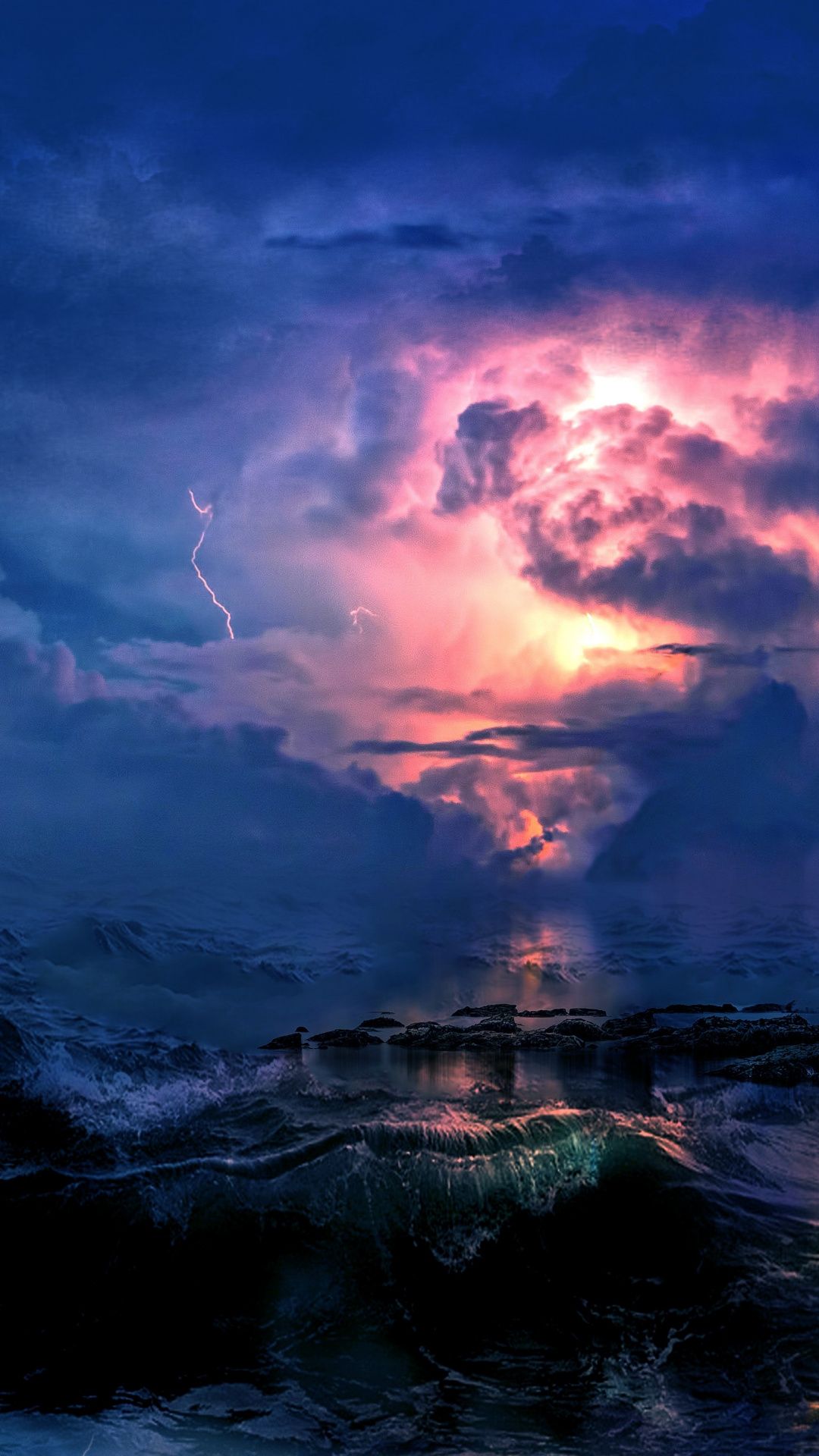 Storm, sea waves, clouds, lightning, photohop, 1080x1920 wallpaper. Sea waves, Clouds, Wallpaper