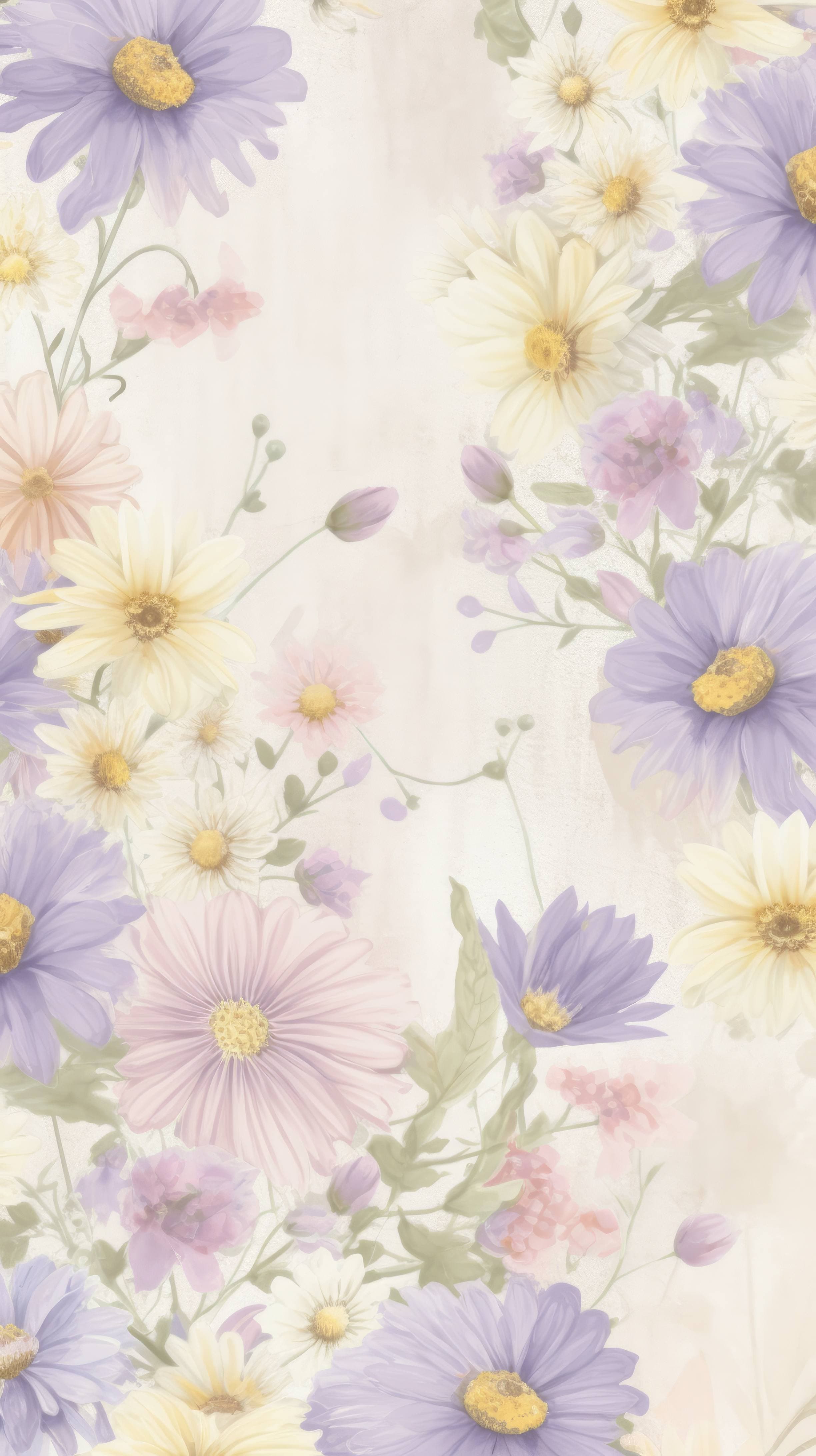 This dreamy floral wallpaper features a pastel bouquet of daisies and lavender, surrounded by a soft halo of light