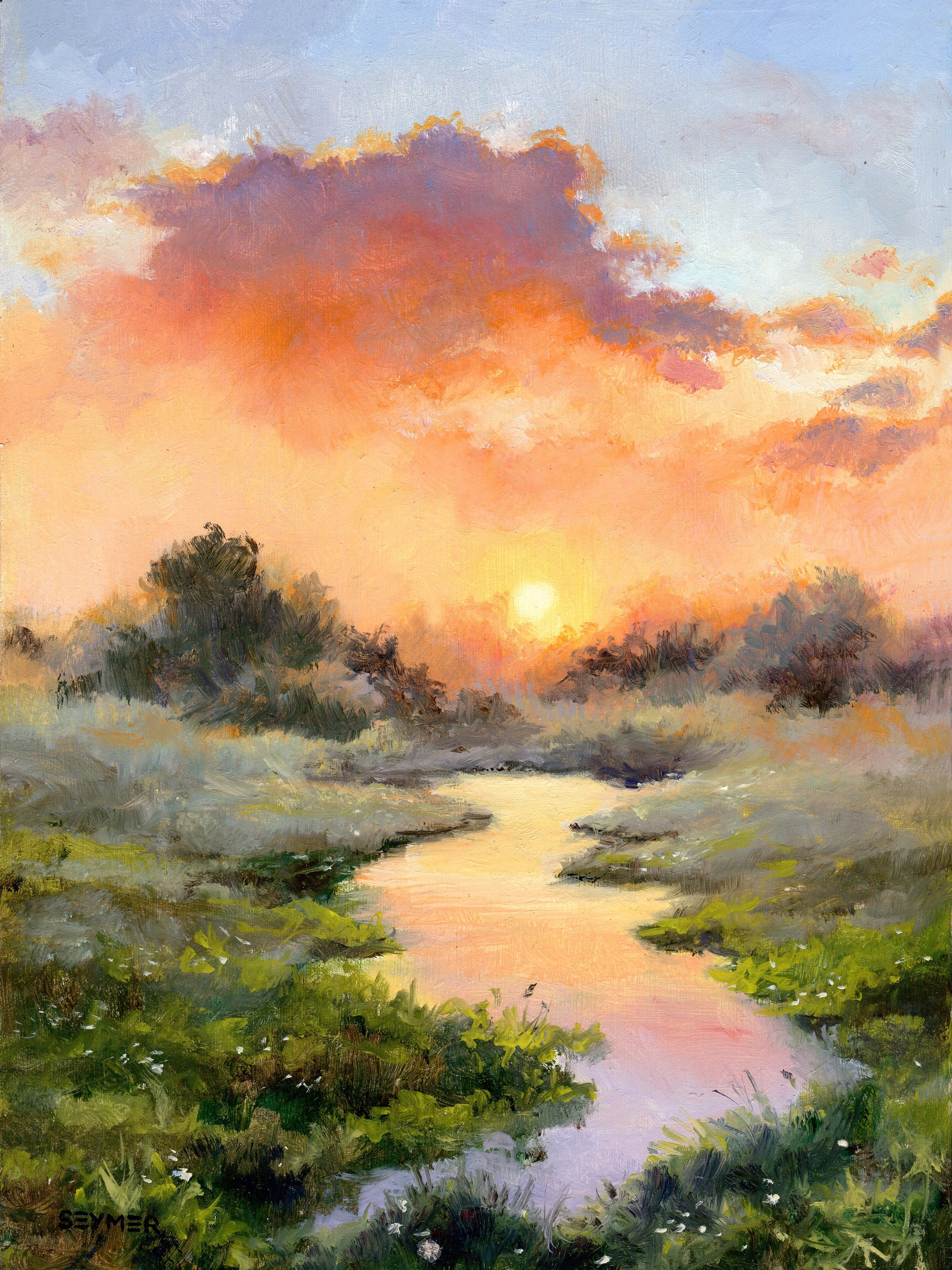 Misty River Landscape ORIGINAL Oil Painting Sky Clouds Sunset
