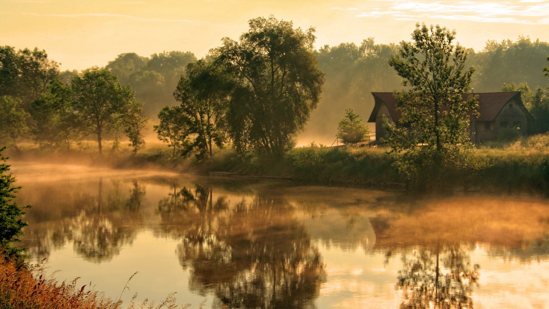 Wallpaper beams morning fog awakening sun river dawn house. Fall picture nature, Landscape, House landscape