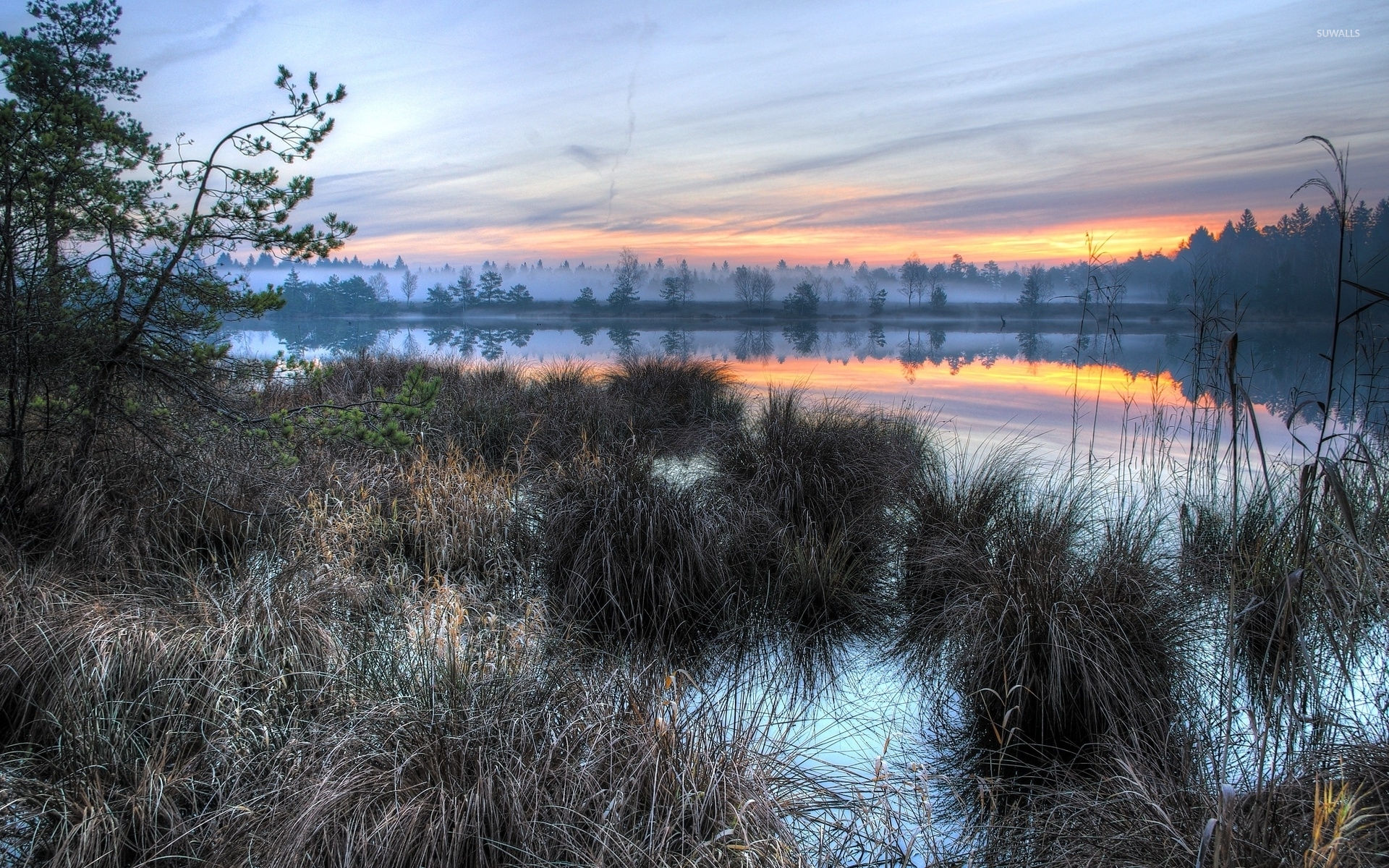 Sunset over the misty lake wallpaper wallpaper