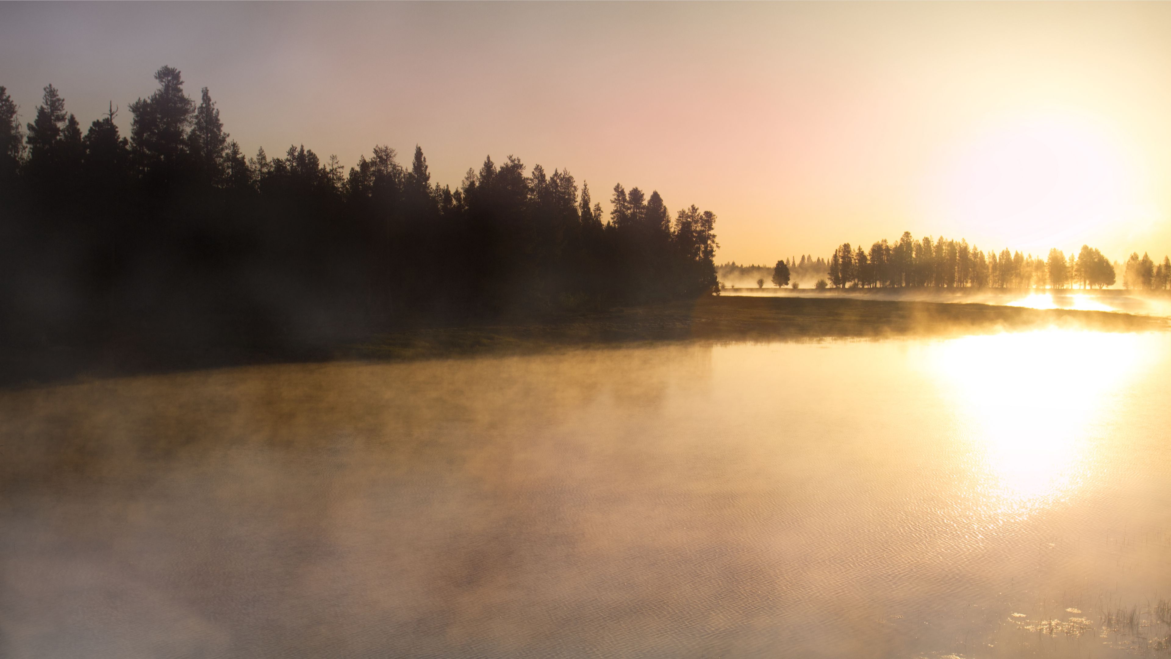 Download wallpaper 3840x2160 river, fog, trees, nature, sunrise 4k uhd 16:9 HD background