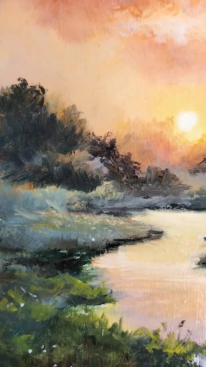 Misty River Landscape ORIGINAL Oil Painting Sky Clouds Sunset