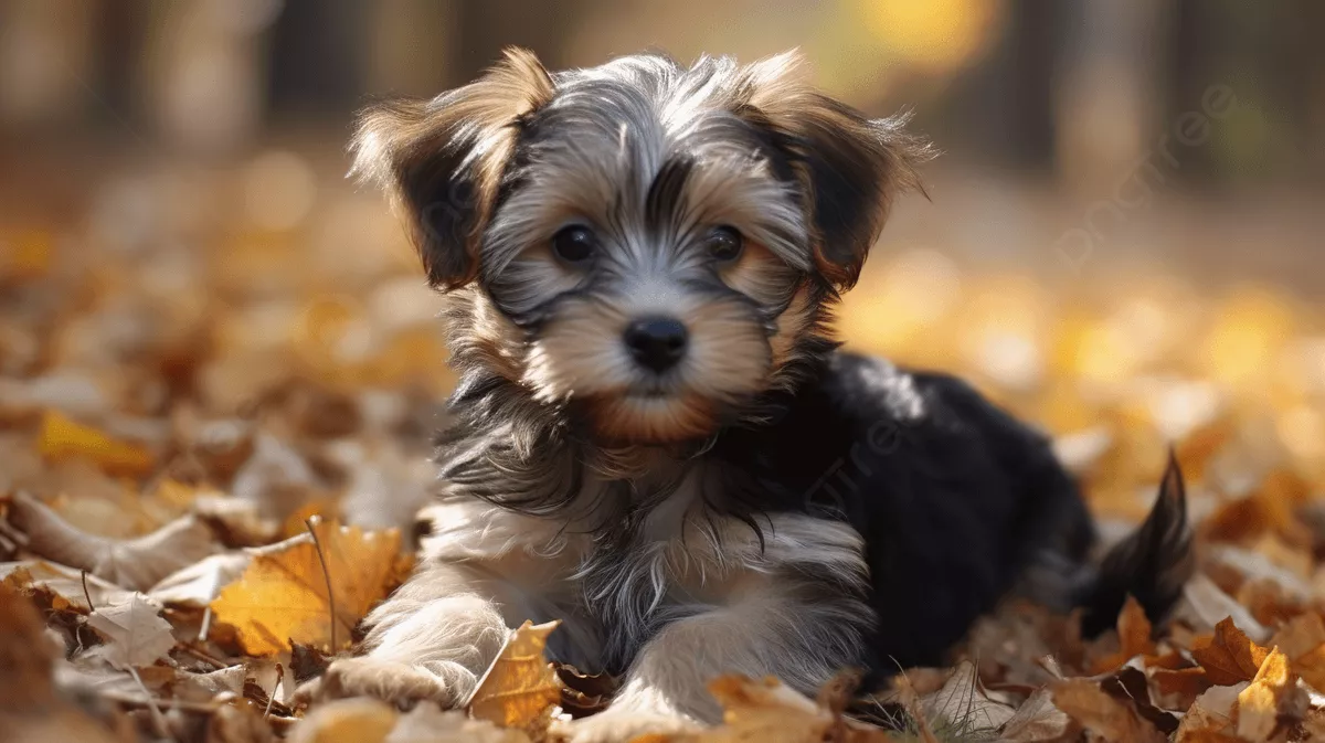 Small Black And Grey Puppy Laying Down In The Fall Leaves Background, Morkie Puppy Picture Background Image And Wallpaper for Free Download