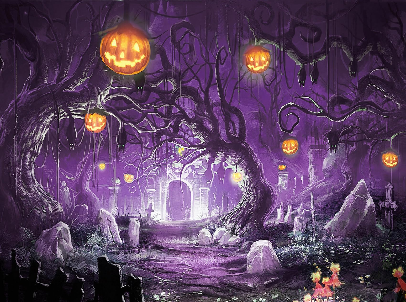 Amazon.com, EOBTAIN Purple Halloween Scary Graveyard Backdrop for Photohoot Spooky Pumpkin on The Dead Tree Photo Backdrop Misty Forest Background for Photography Horror Bat Party Decor Photo Booth Props 7x5ft