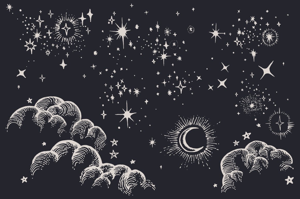 Star, Moon, Cloud, Sky Drawings. Illustrations Creative Market