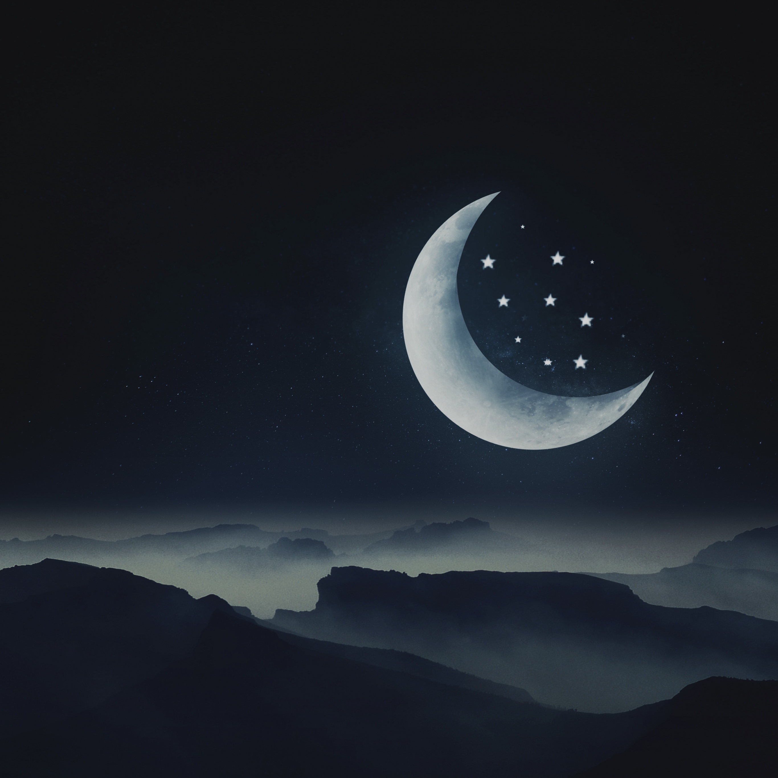 Half moon Wallpaper 4K, Stars, Mountains, Night, Cold