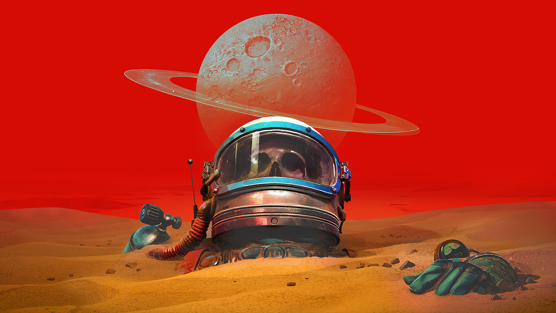 astronaut, skull, gloves, planet, sand, digital art, The Invincible, simple background, helmet, red background, minimalismx1080 Wallpaper