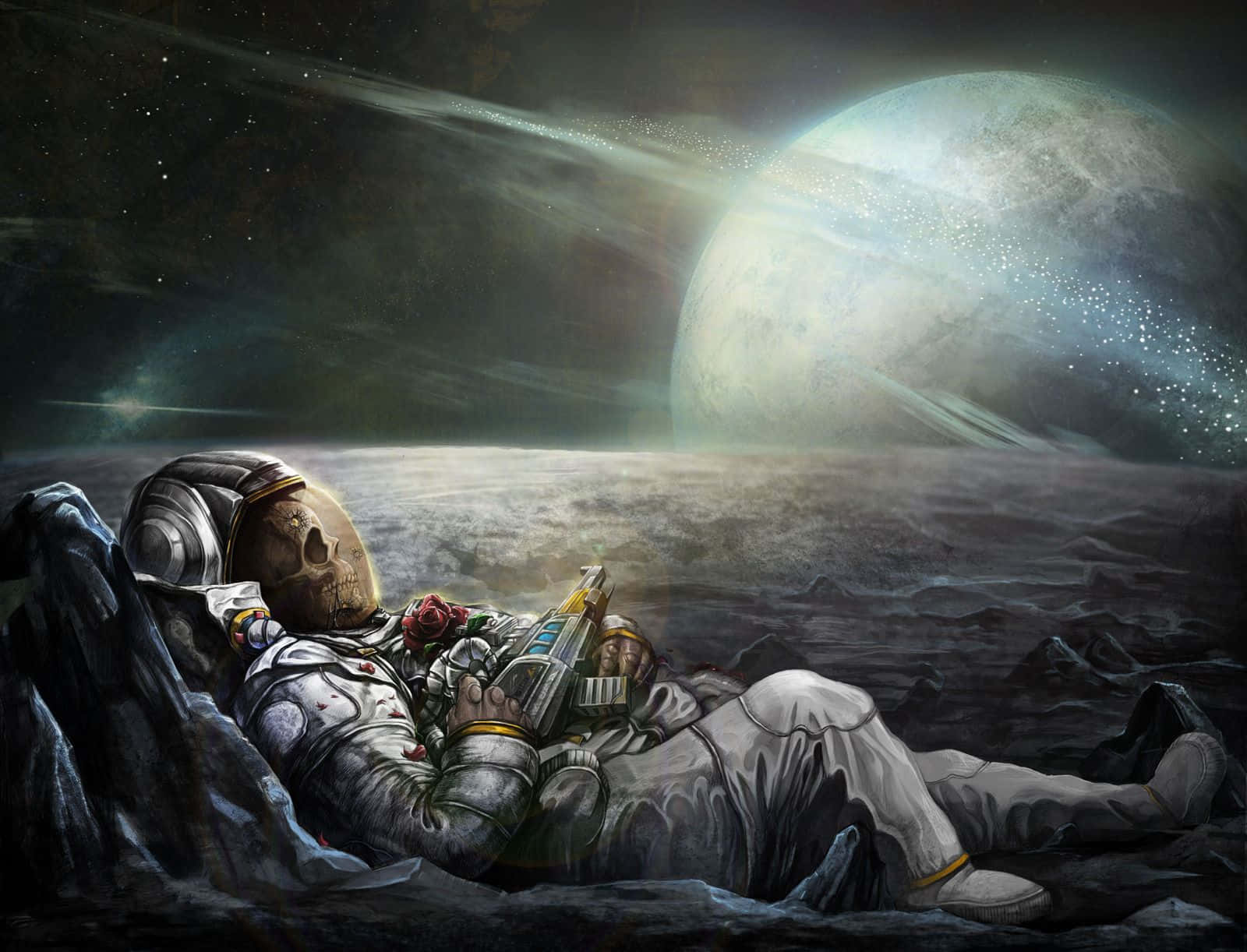 Download Trippy Skull Astronaut In Space Chilling Wallpaper