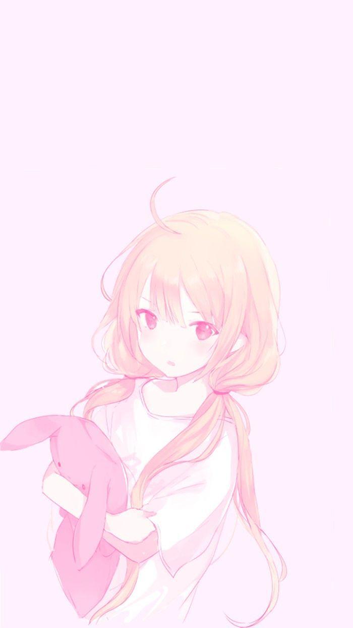 Cute anime girl with bunny. pastel