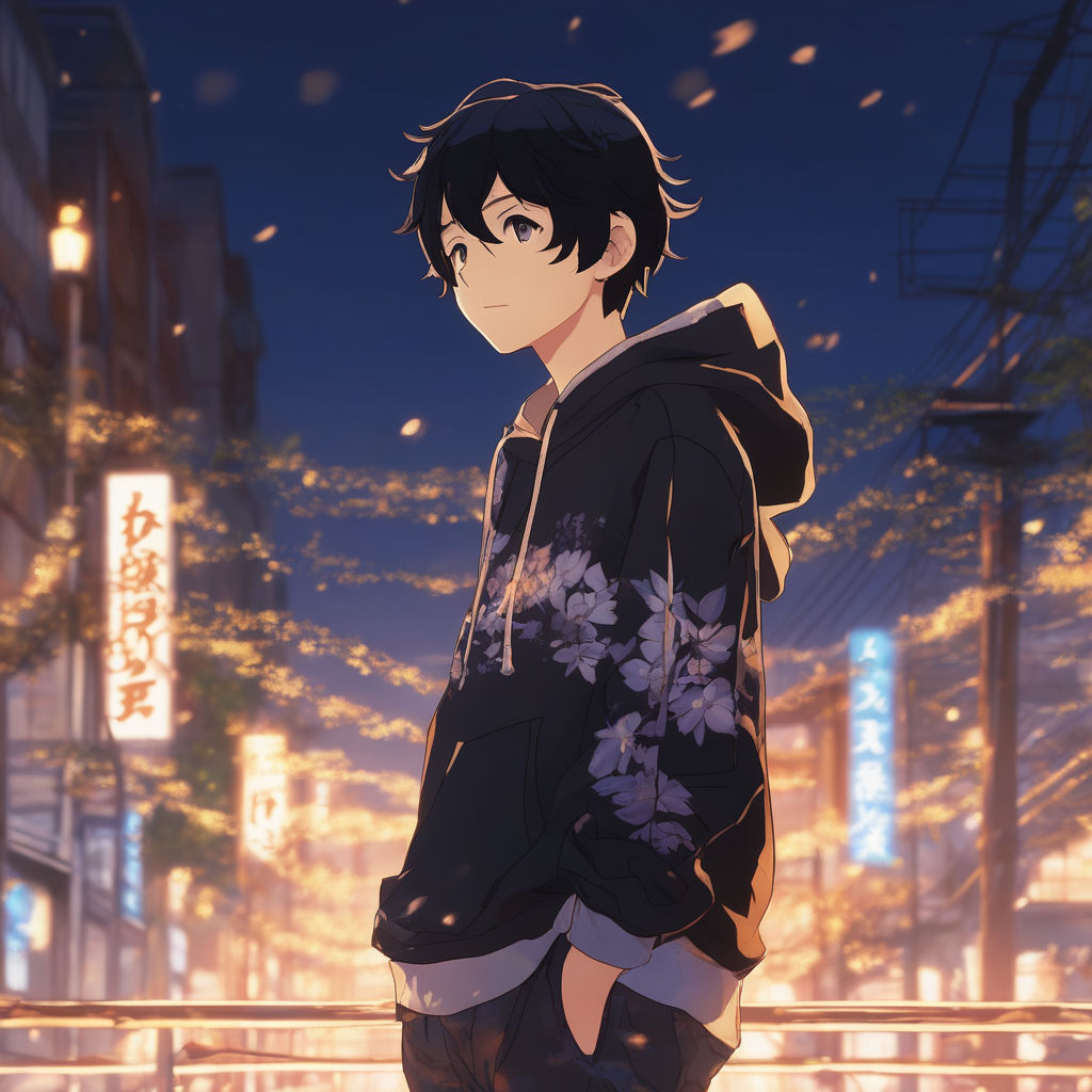 an anime photo of a boy standing in on side of a road looking at the camera