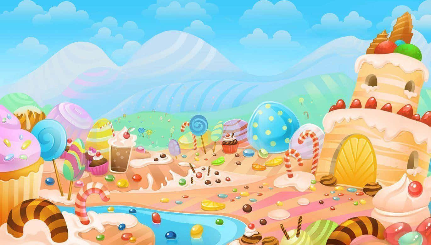 Download A Cartoon Candy Land With A Castle And Candy Wallpaper