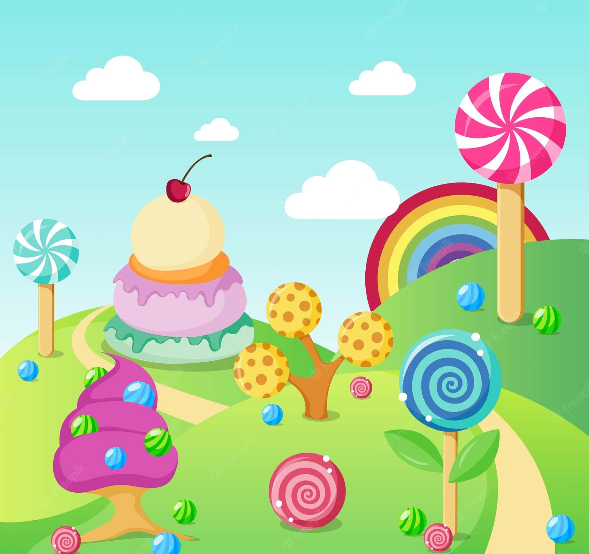 Download A Cartoon Candy Landscape With A Rainbow And Lollipops