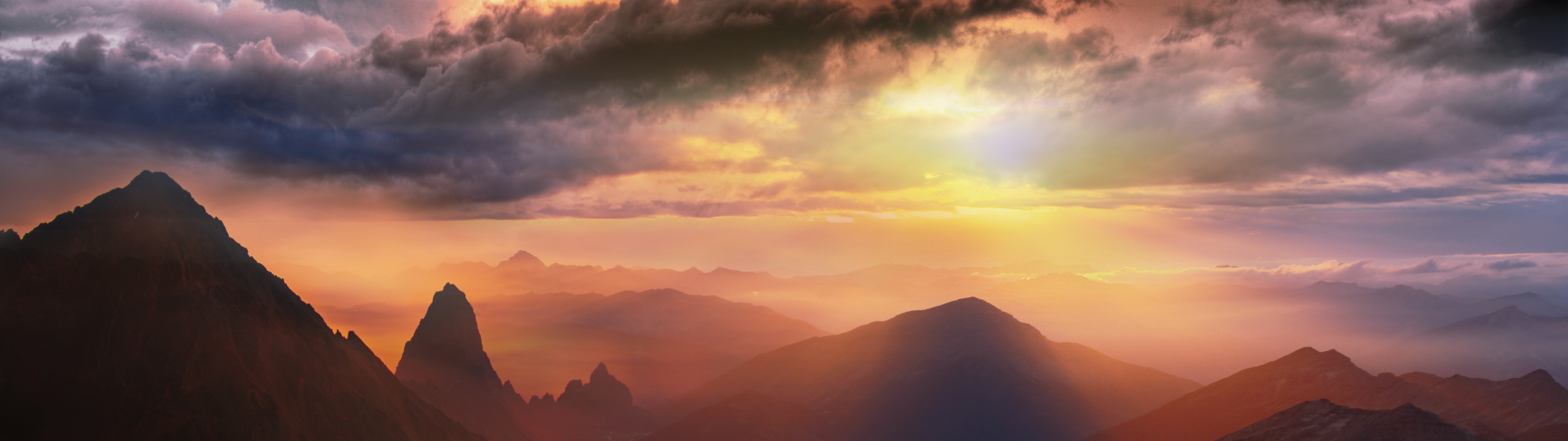 Mountain range Wallpaper 4K, Sunset, Fog, Clouds, Landscape