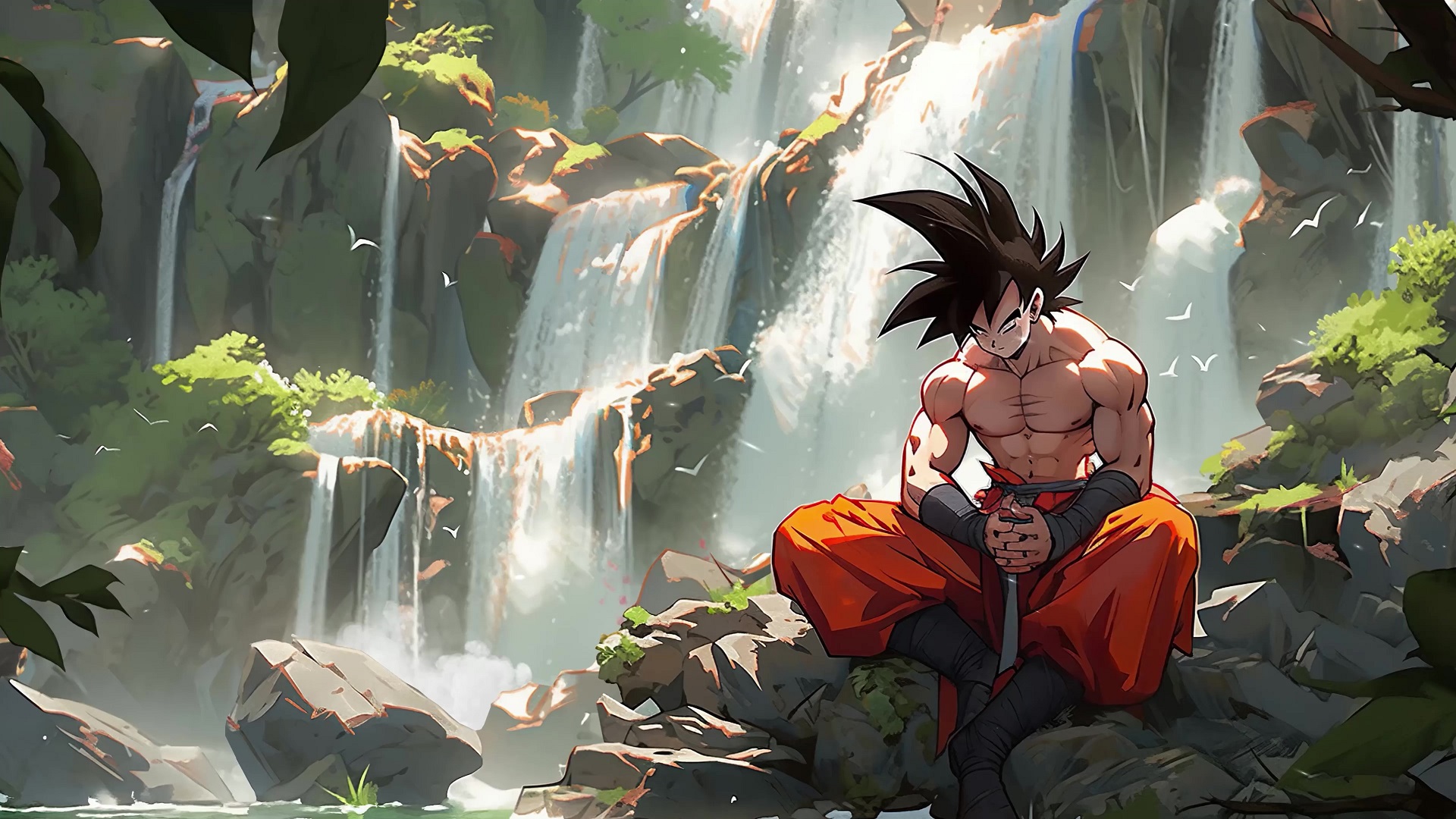 Goku Meditating Waterfall Forest Dragon