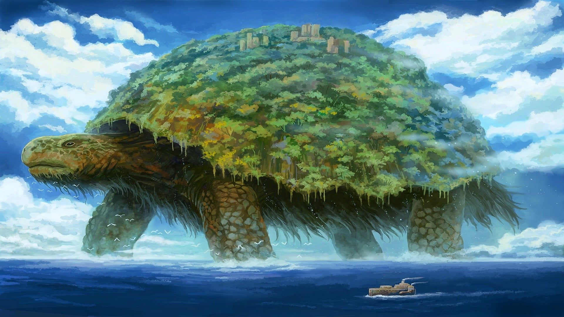 floating green turtle island digital wallpaper digital art #nature #landscape #sea #animals #turtle #trees #ship #forest #build. Turtle art, Giant animals, Turtle